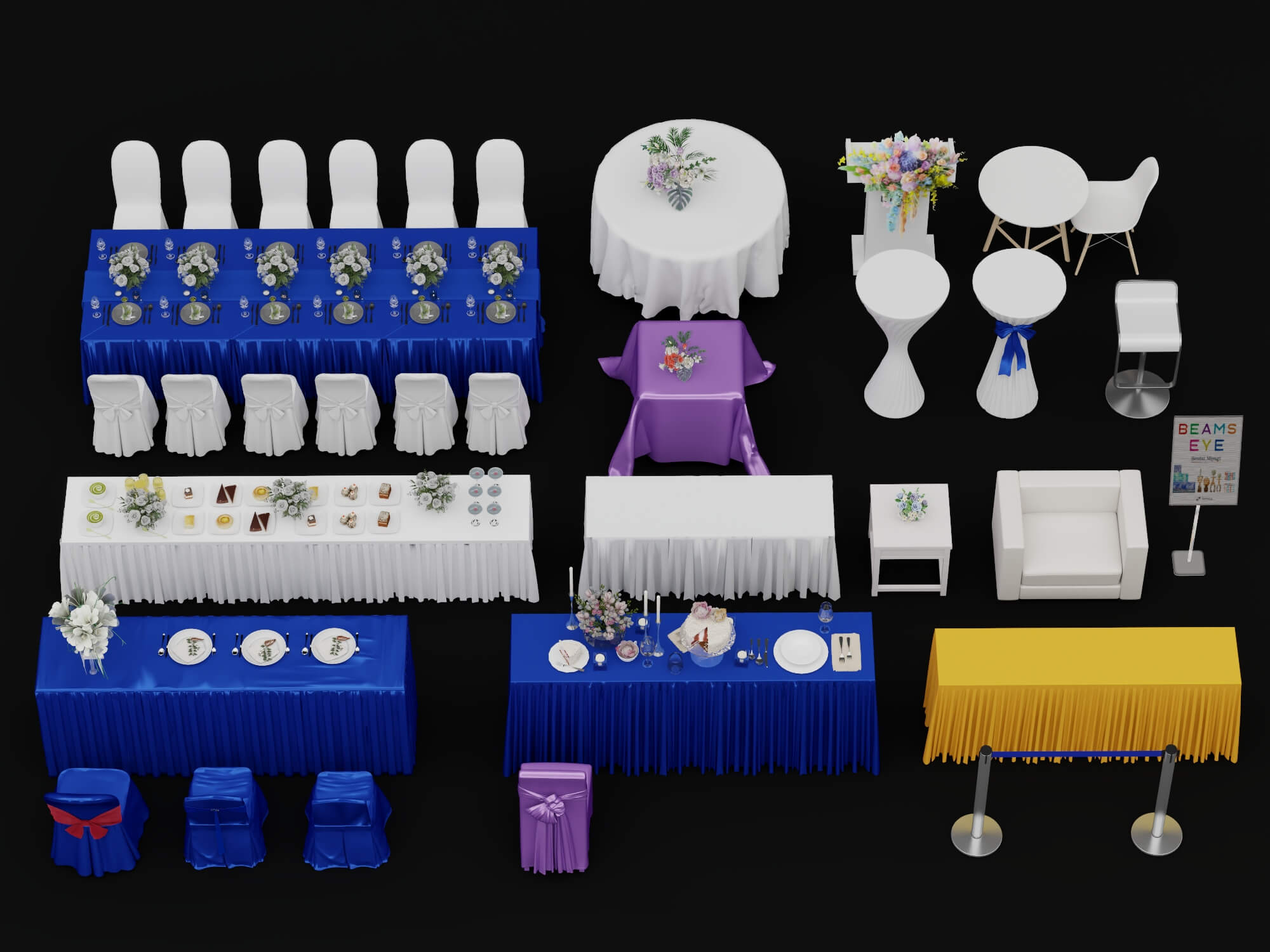 Banquet and Event Furniture Set with Tablecloths and Floral 3D Model