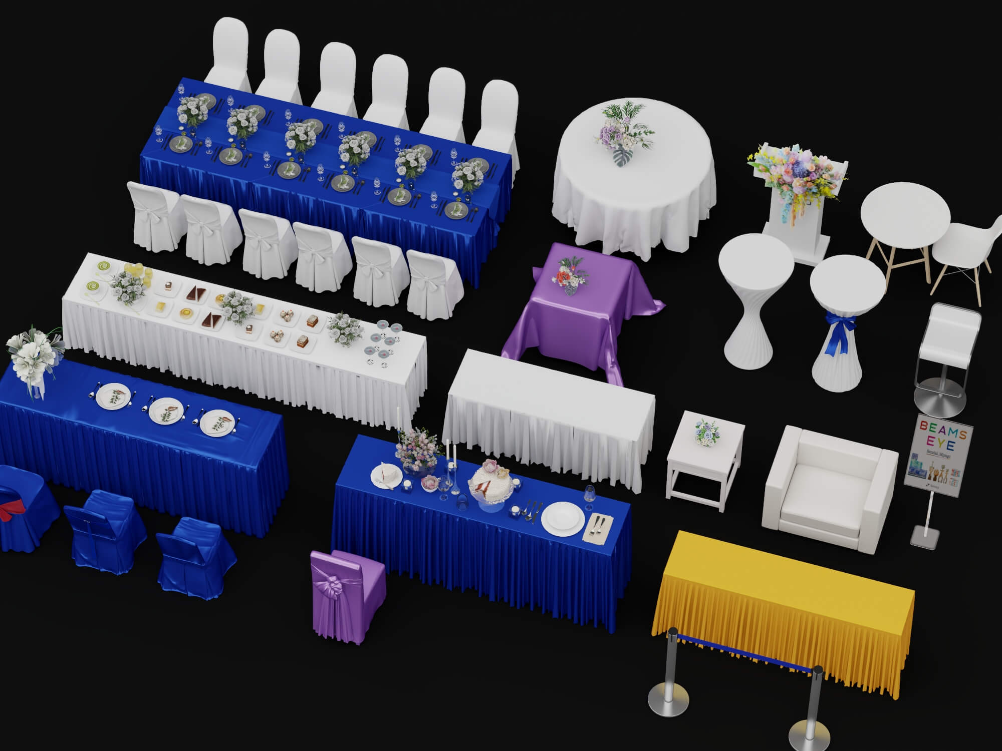 Banquet and Event Furniture Set with Tablecloths and Floral 3D Model