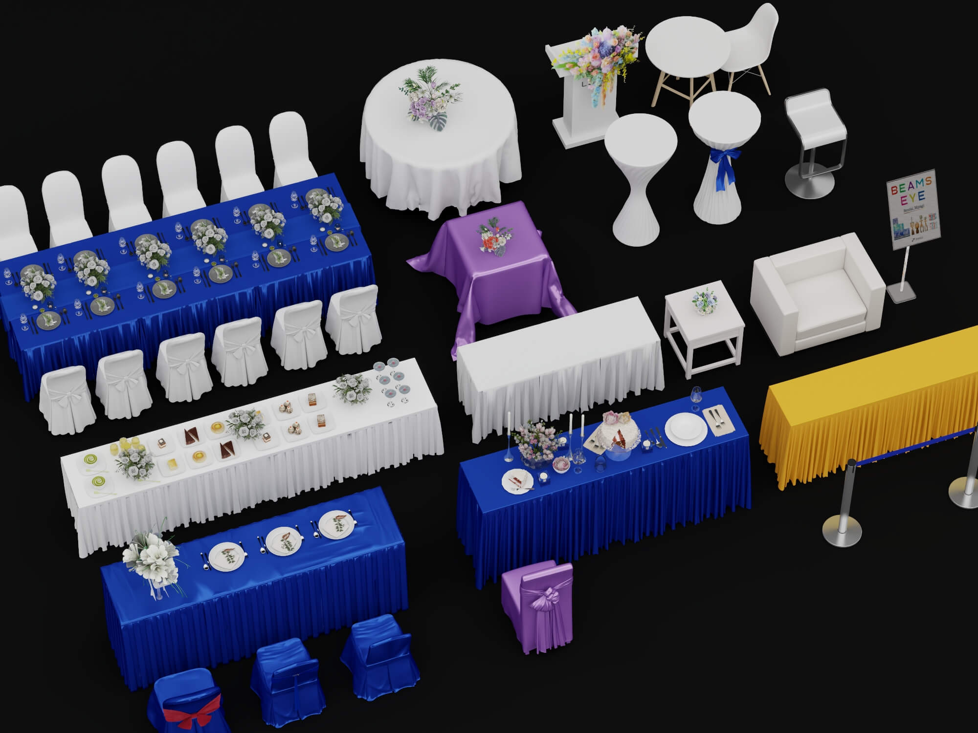 Banquet and Event Furniture Set with Tablecloths and Floral 3D Model