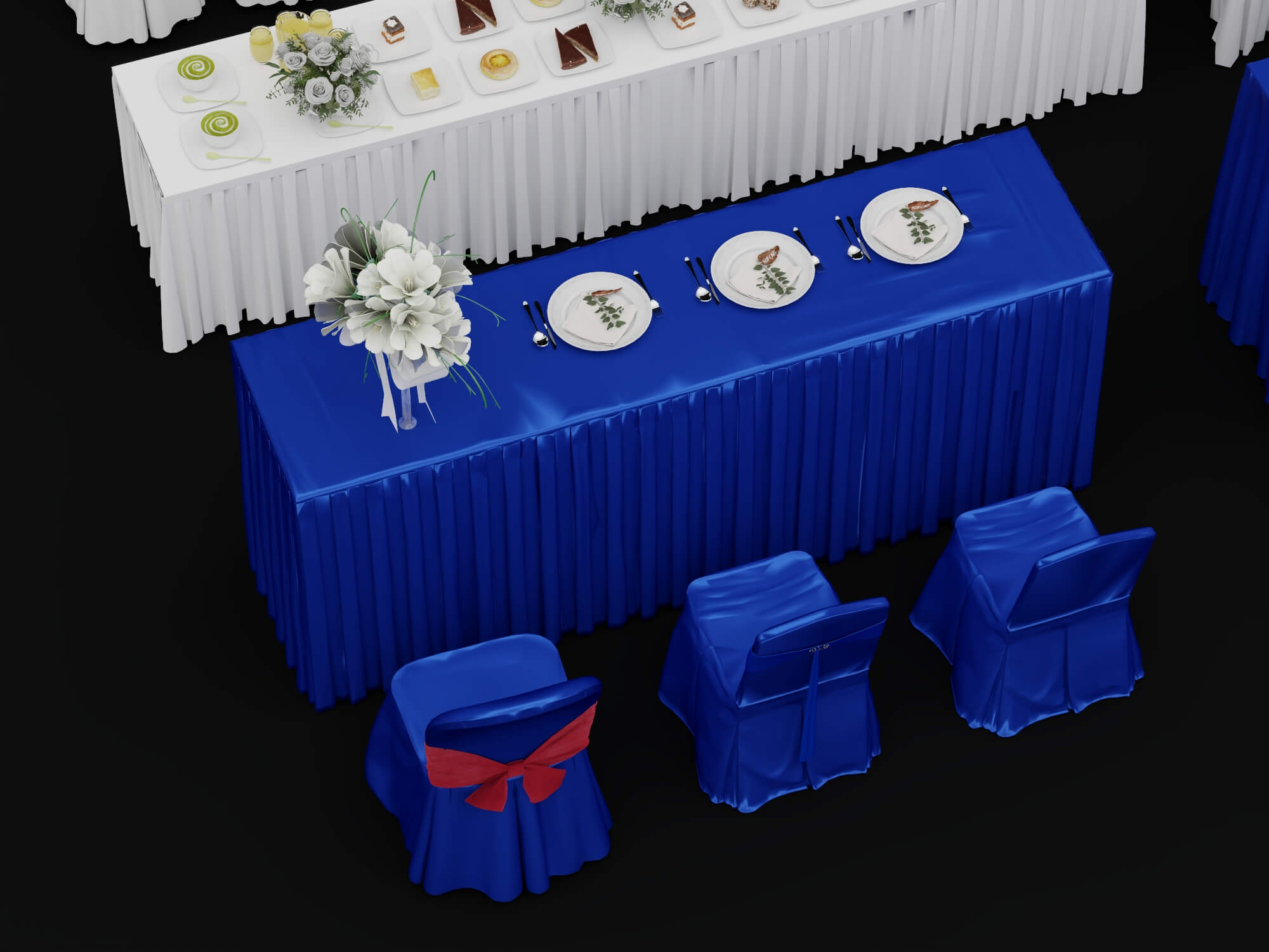 Banquet and Event Furniture Set with Tablecloths and Floral 3D Model
