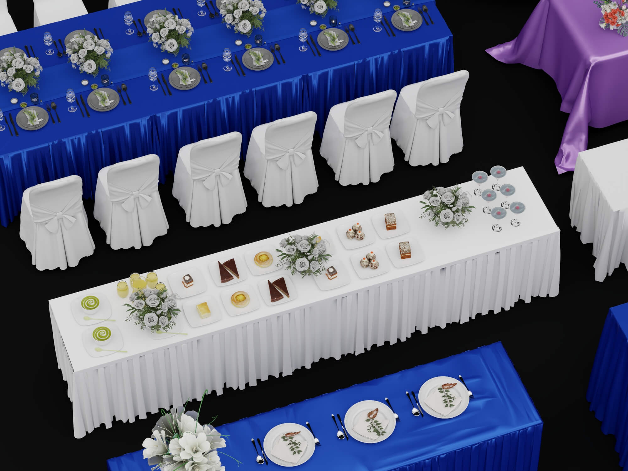 Banquet and Event Furniture Set with Tablecloths and Floral 3D Model