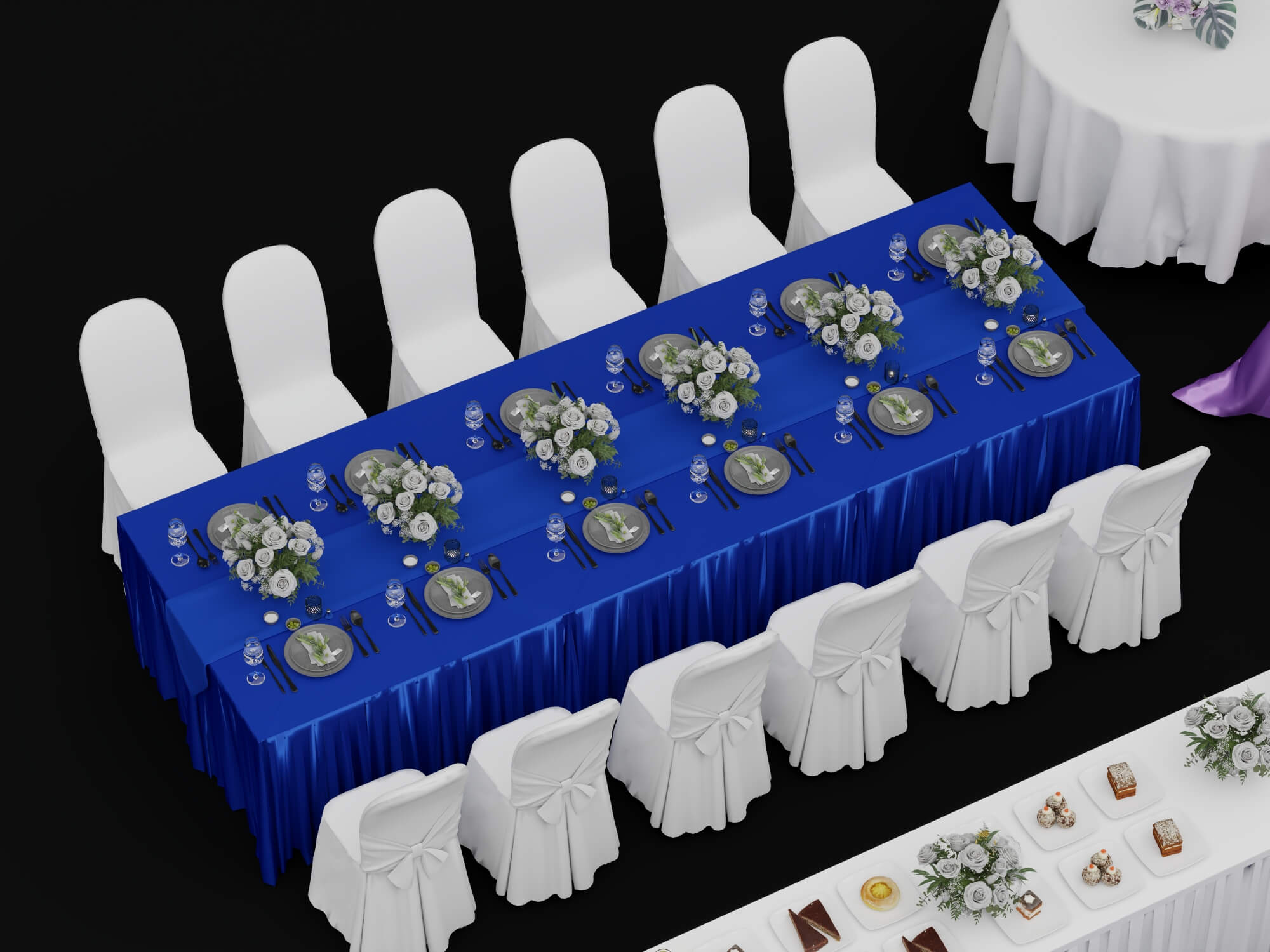 Banquet and Event Furniture Set with Tablecloths and Floral 3D Model