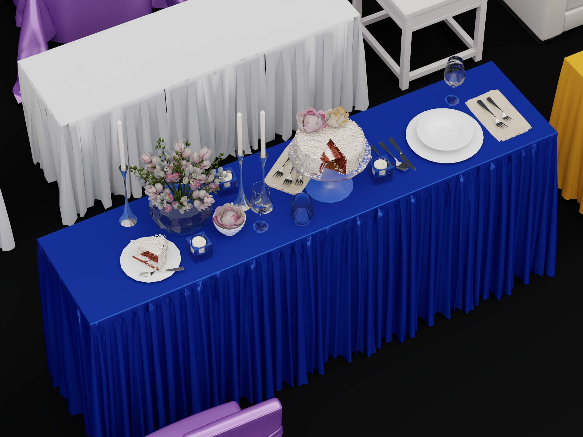 Banquet and Event Furniture Set with Tablecloths and Floral 3D Model