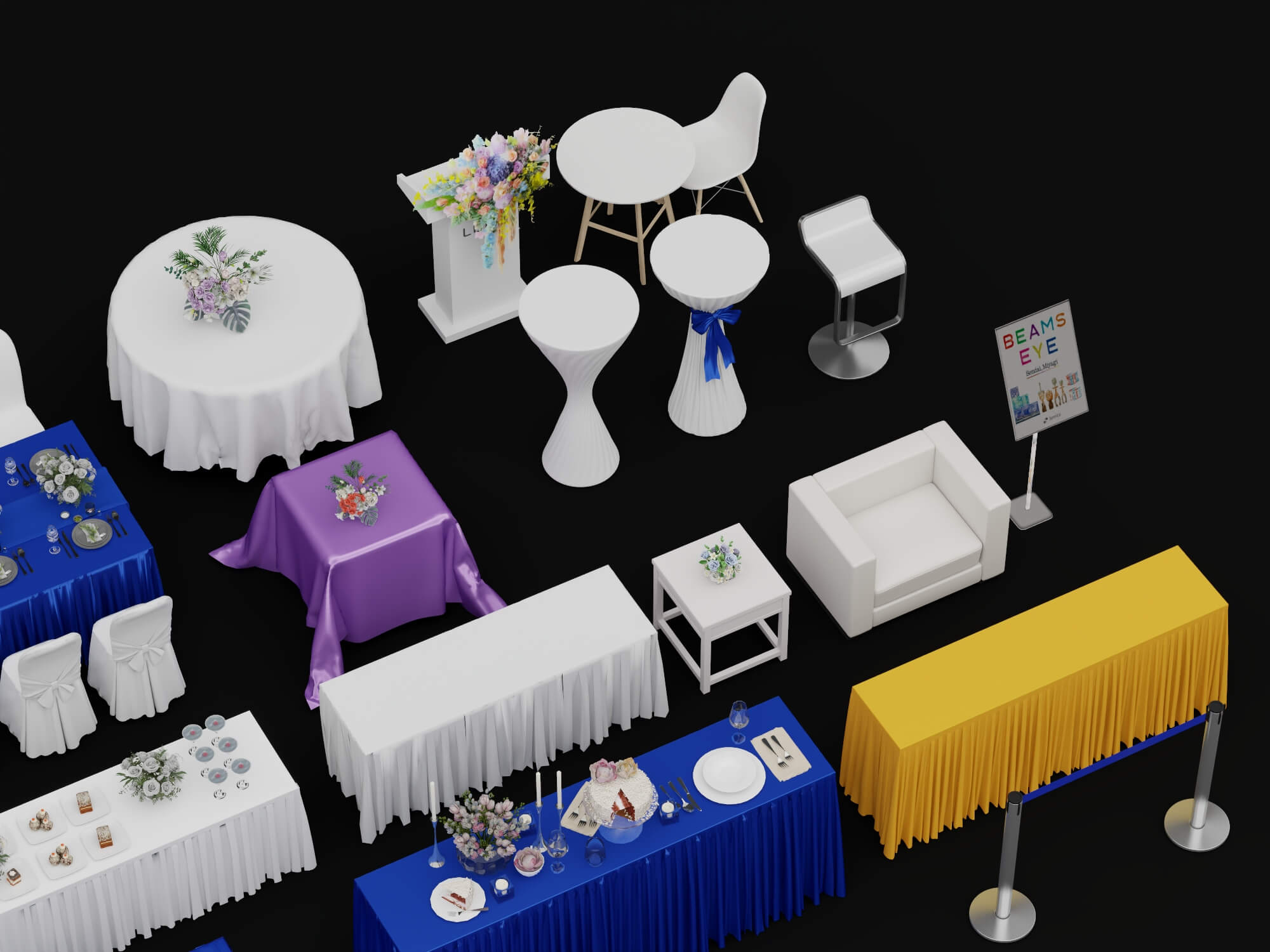 Banquet and Event Furniture Set with Tablecloths and Floral 3D Model