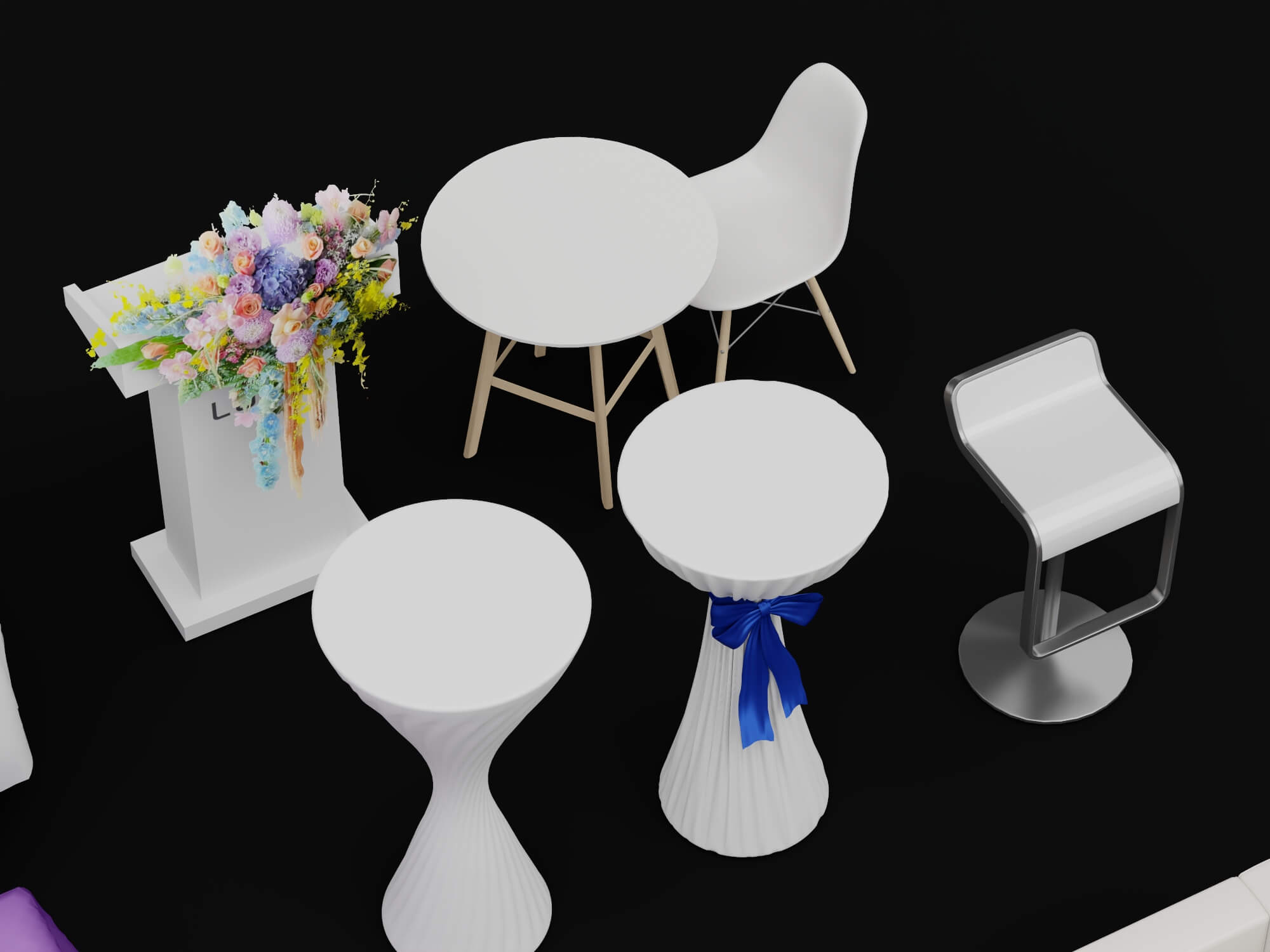 Banquet and Event Furniture Set with Tablecloths and Floral 3D Model