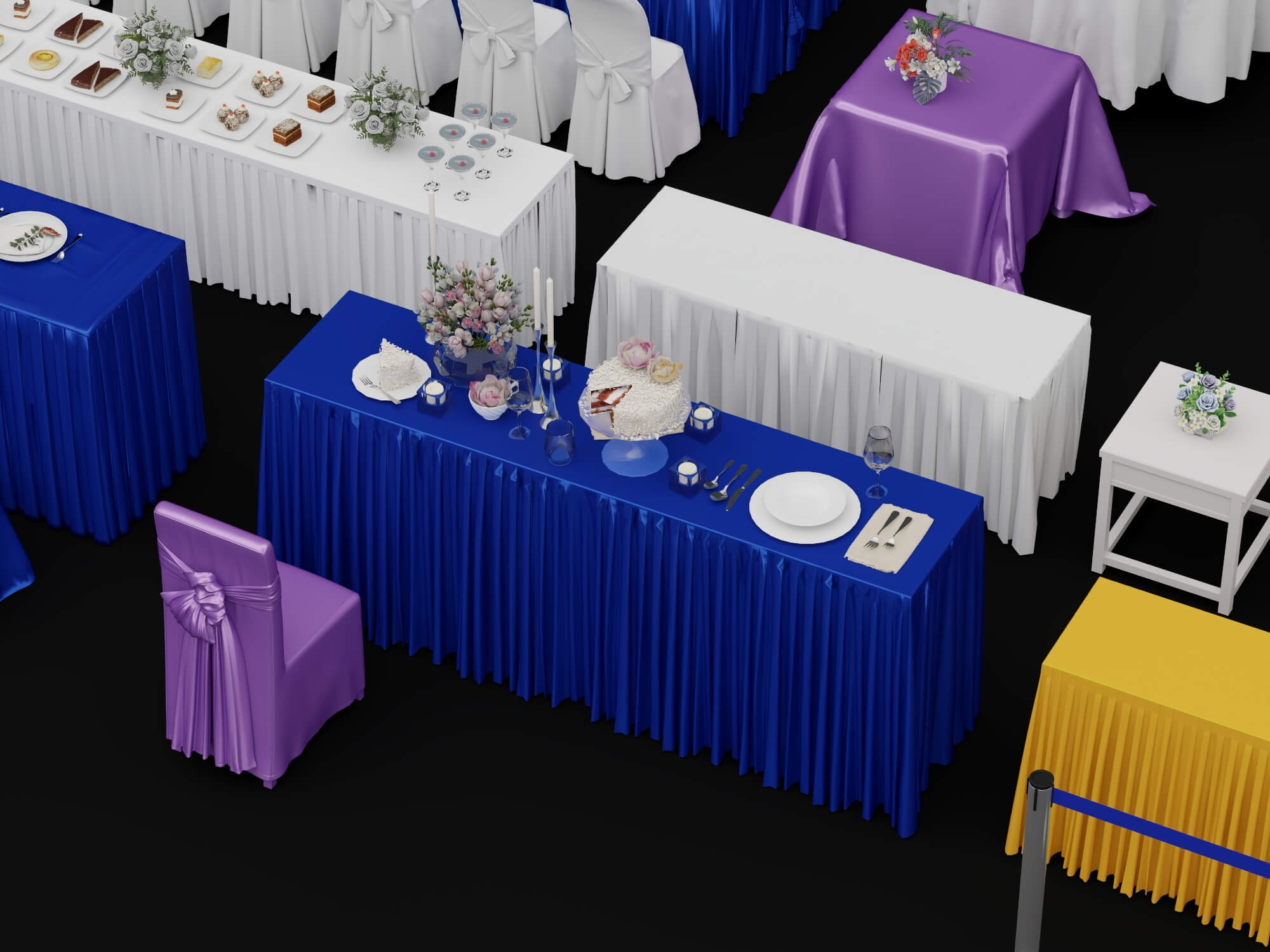 Banquet and Event Furniture Set with Tablecloths and Floral 3D Model
