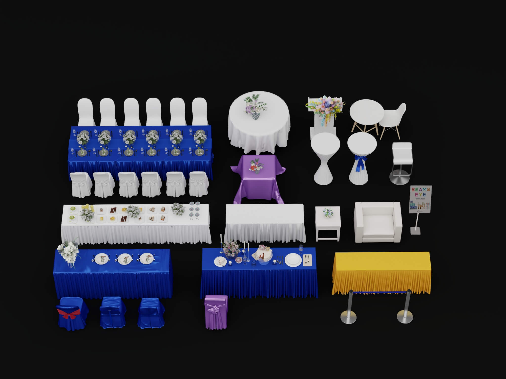 Banquet and Event Furniture Set with Tablecloths and Floral 3D Model
