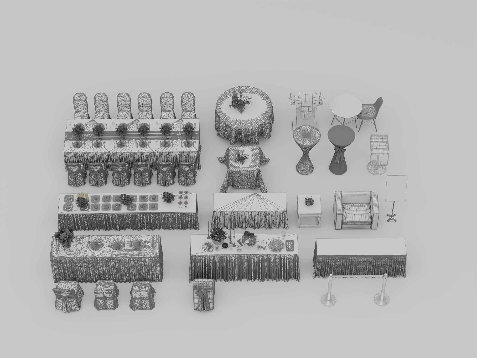 Banquet and Event Furniture Set with Tablecloths and Floral 3D Model