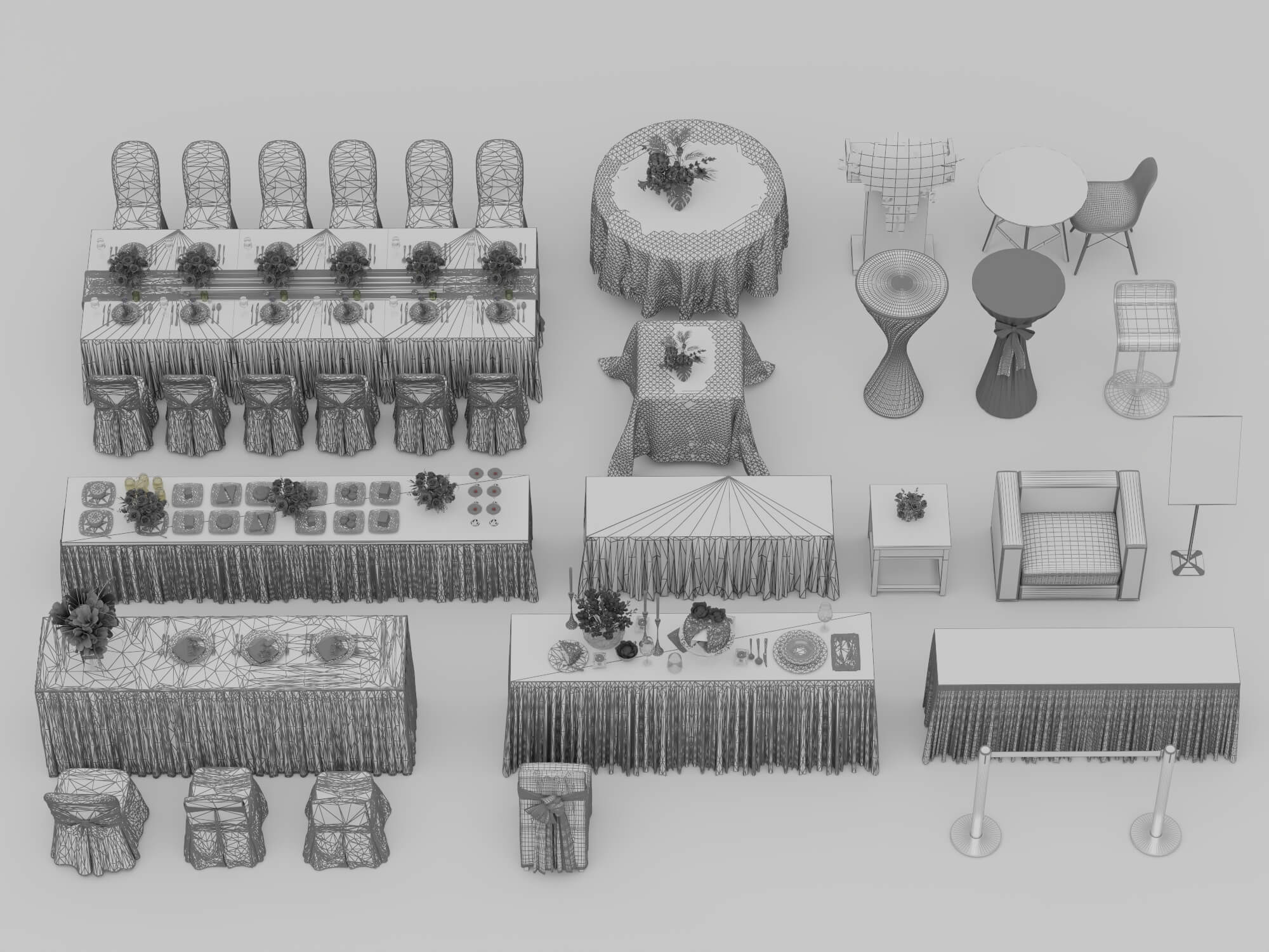 Banquet and Event Furniture Set with Tablecloths and Floral 3D Model