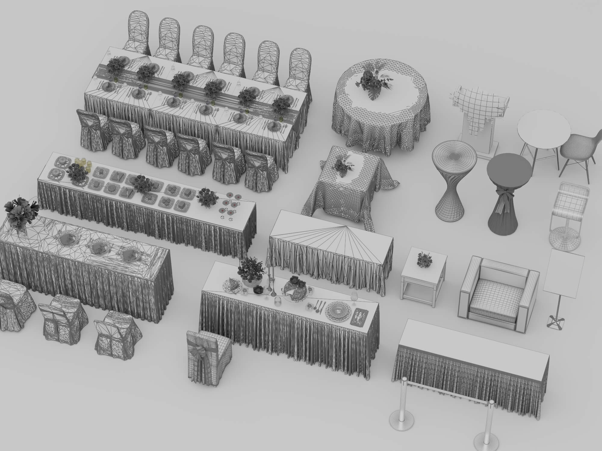 Banquet and Event Furniture Set with Tablecloths and Floral 3D Model