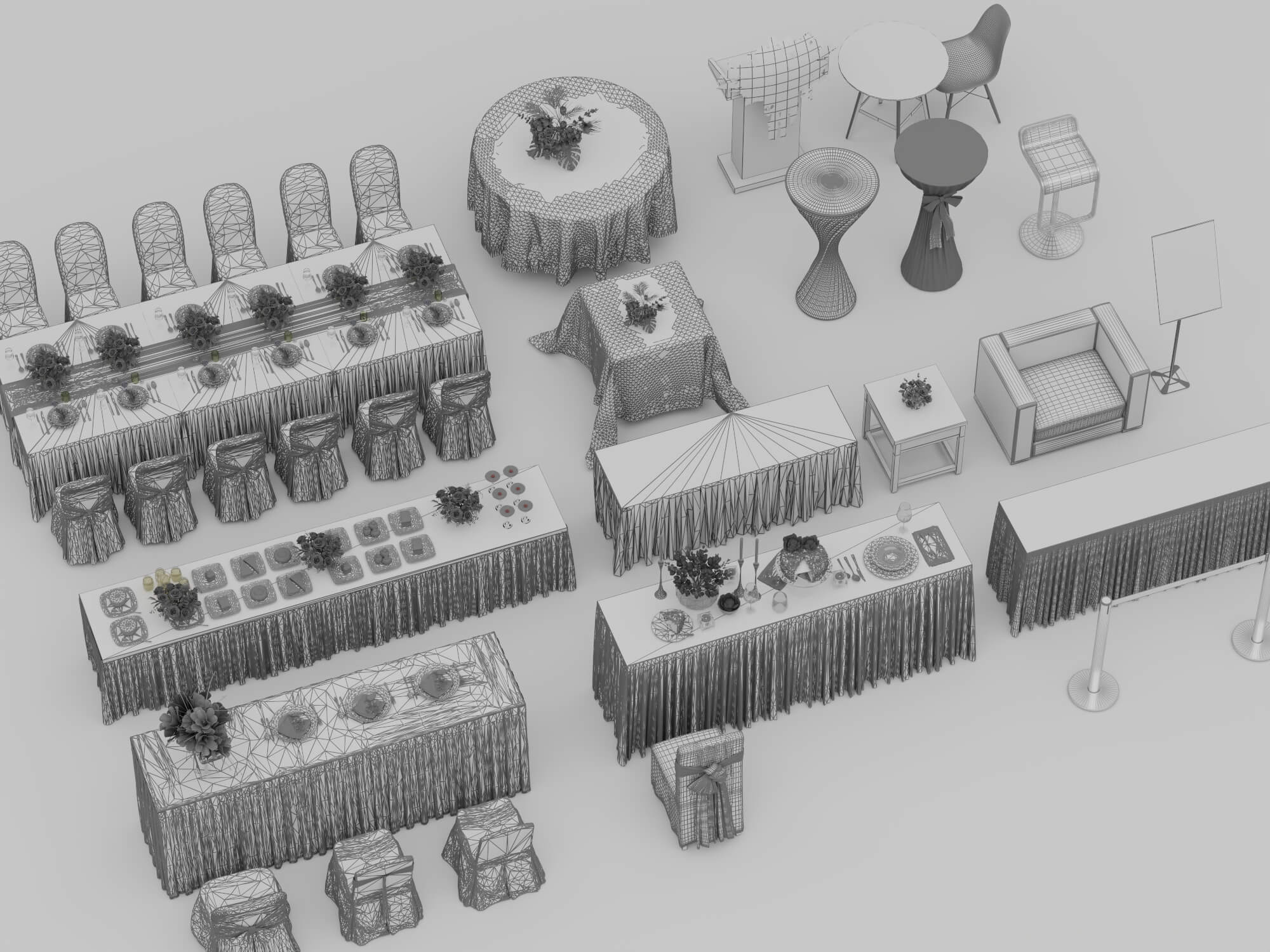 Banquet and Event Furniture Set with Tablecloths and Floral 3D Model