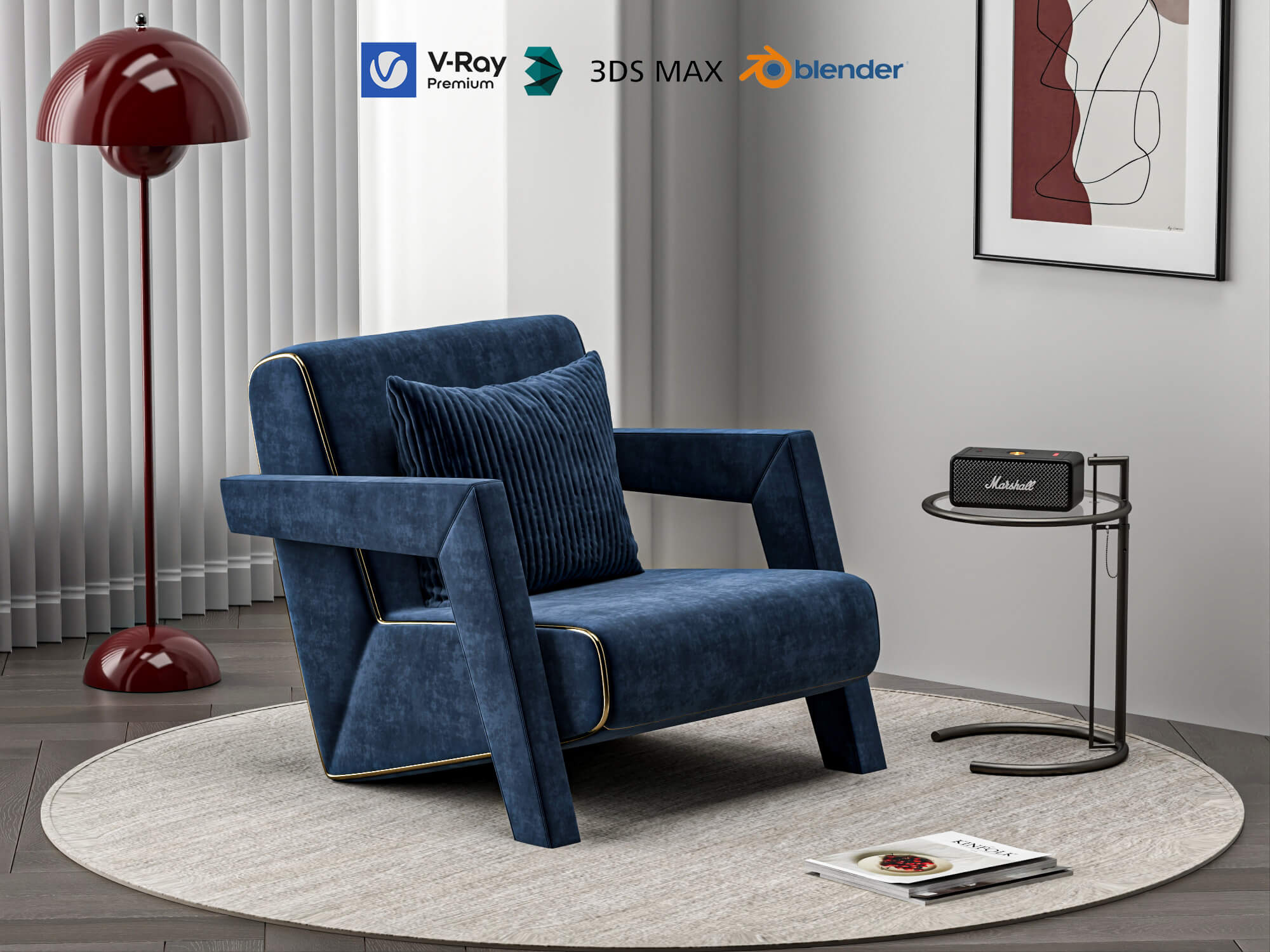 Blue Fabric Armchair with Decor Props 3D Model