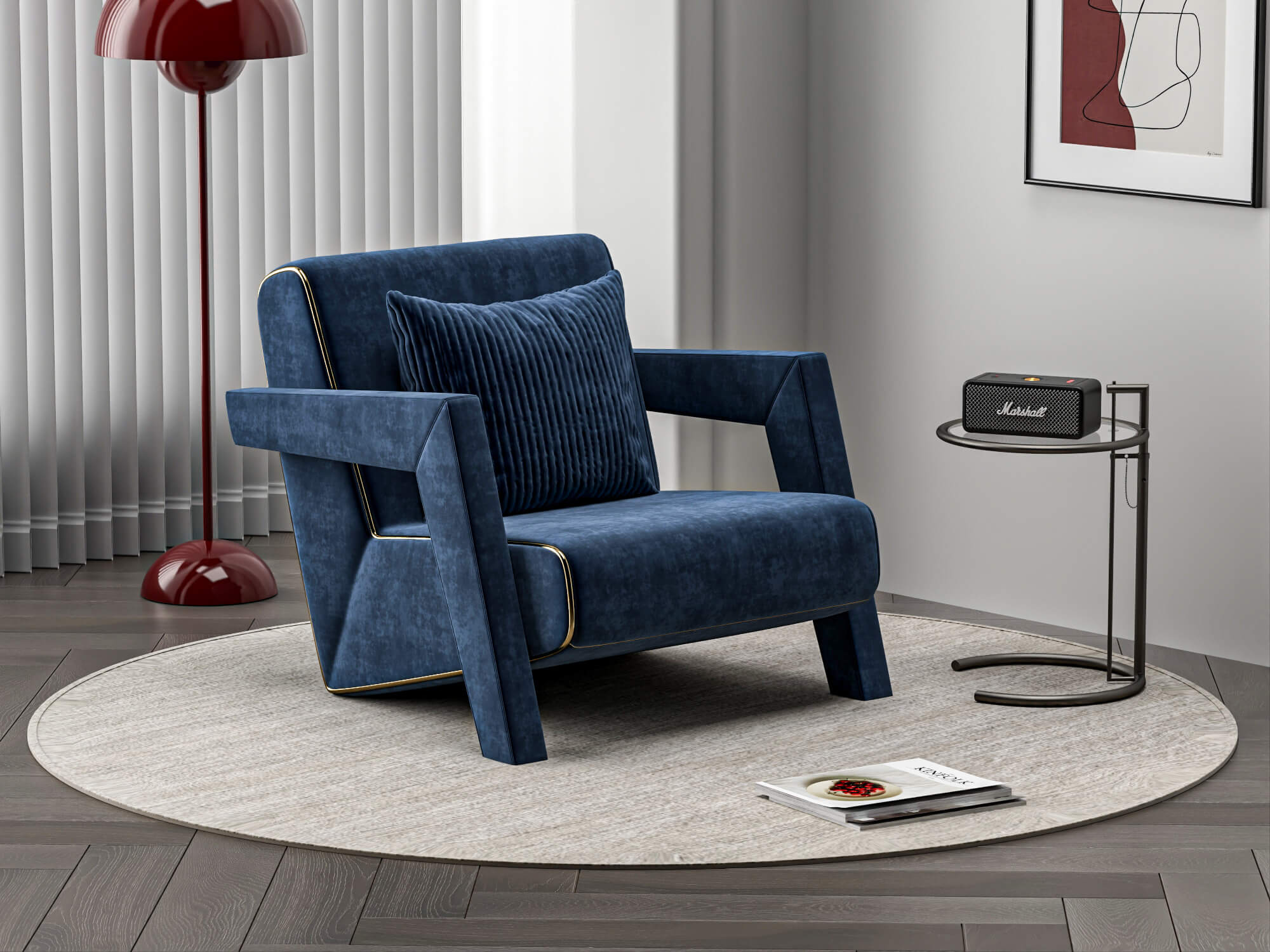 Blue Fabric Armchair with Decor Props 3D Model