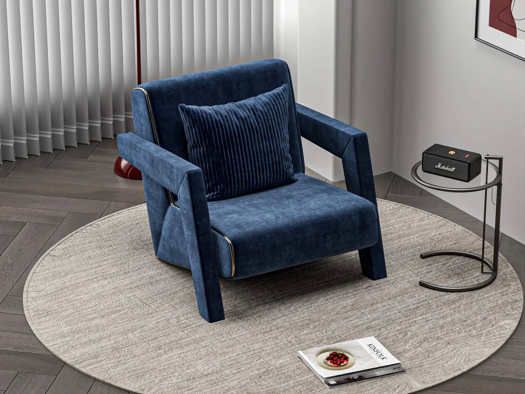 Blue Fabric Armchair with Decor Props 3D Model