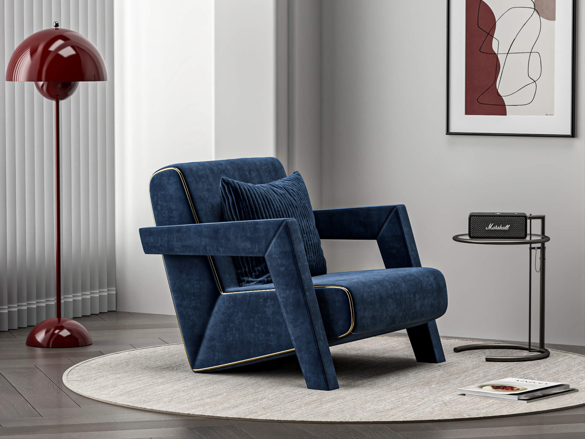 Blue Fabric Armchair with Decor Props 3D Model
