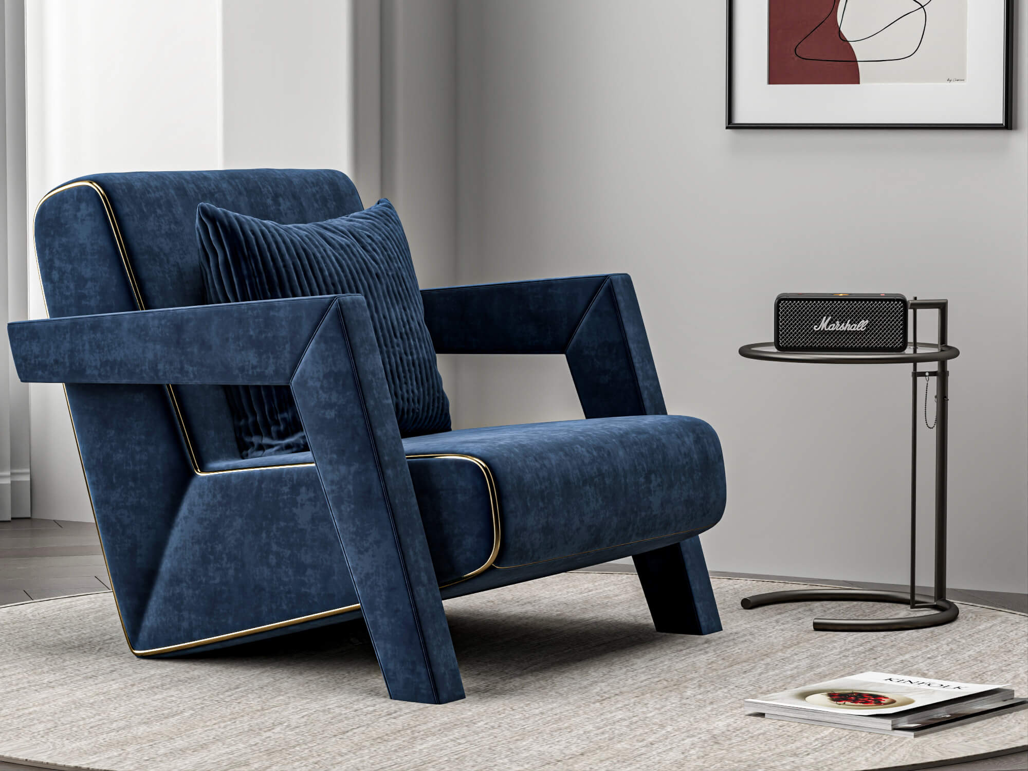 Blue Fabric Armchair with Decor Props 3D Model