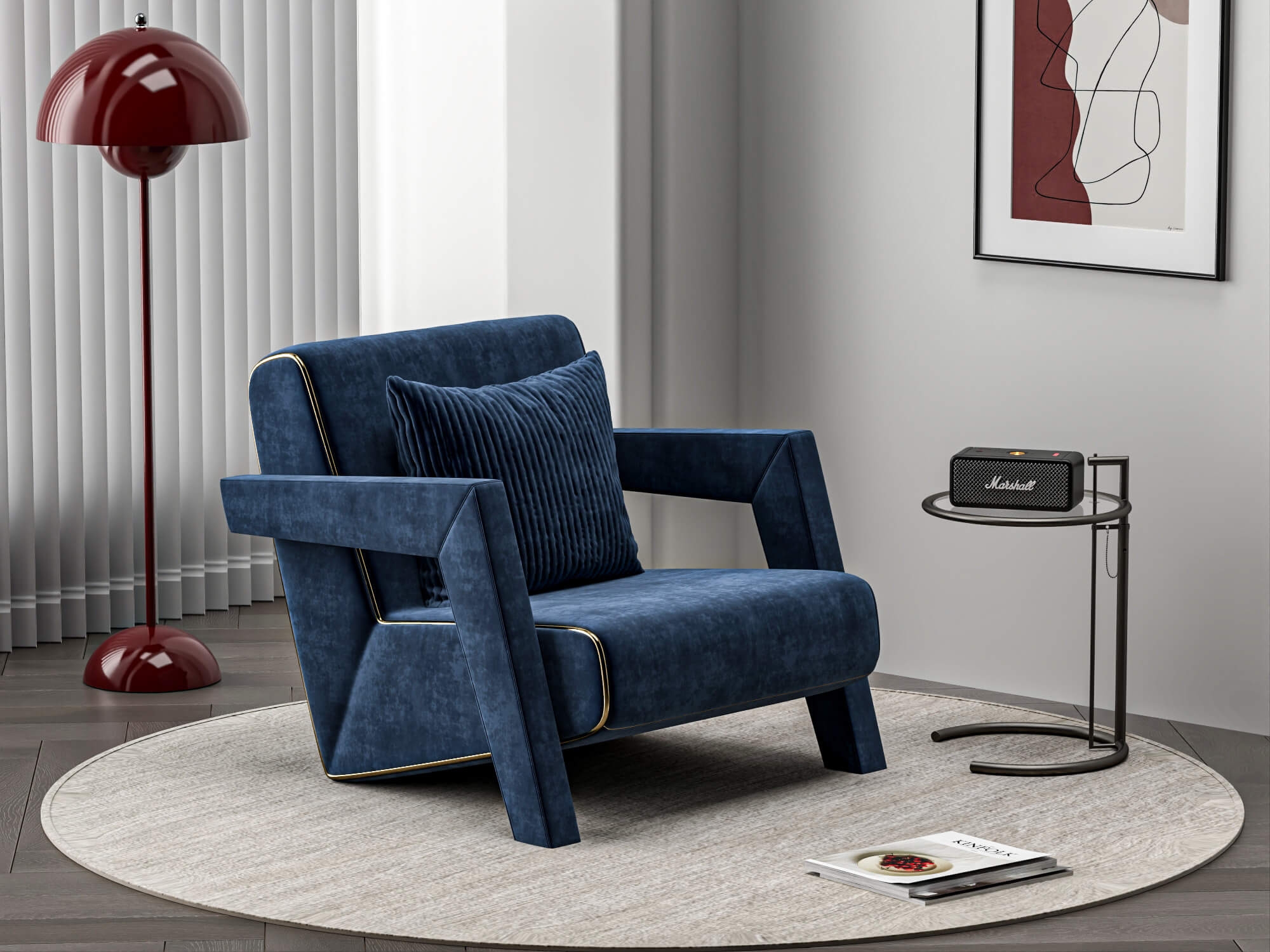 Blue Fabric Armchair with Decor Props 3D Model