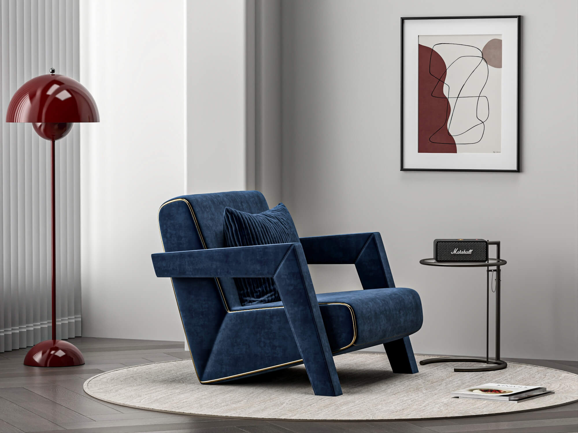 Blue Fabric Armchair with Decor Props 3D Model