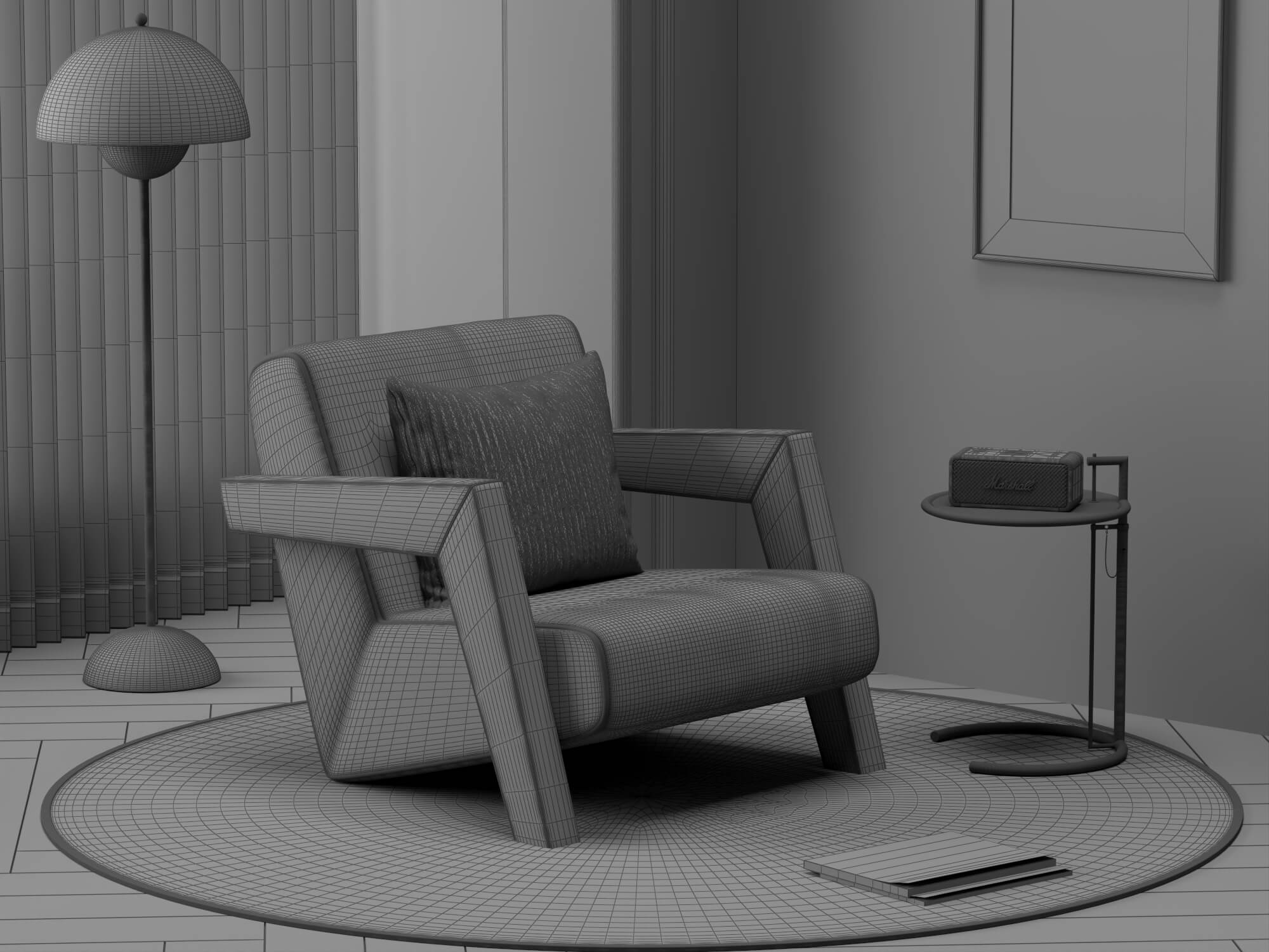 Blue Fabric Armchair with Decor Props 3D Model