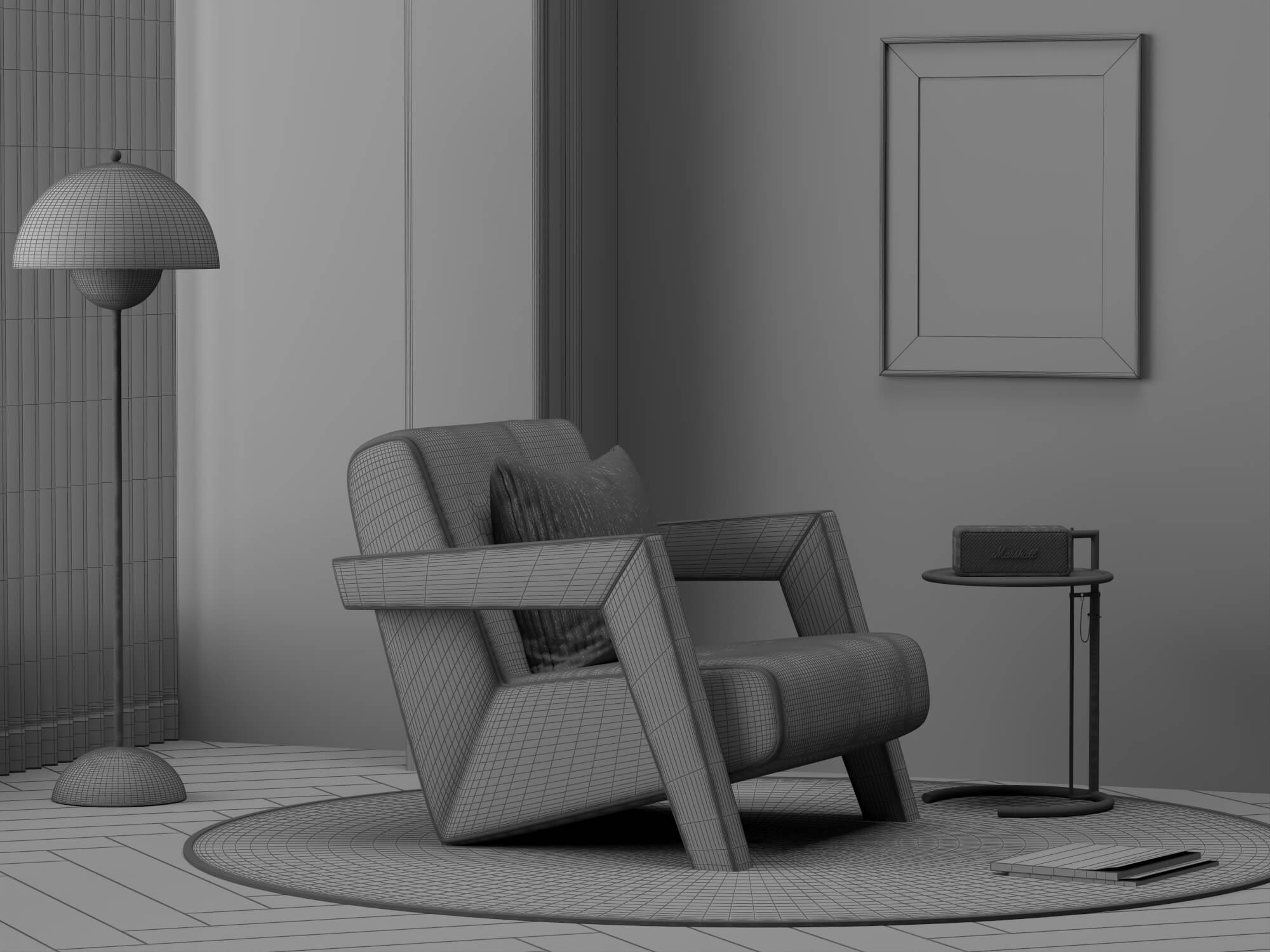 Blue Fabric Armchair with Decor Props 3D Model