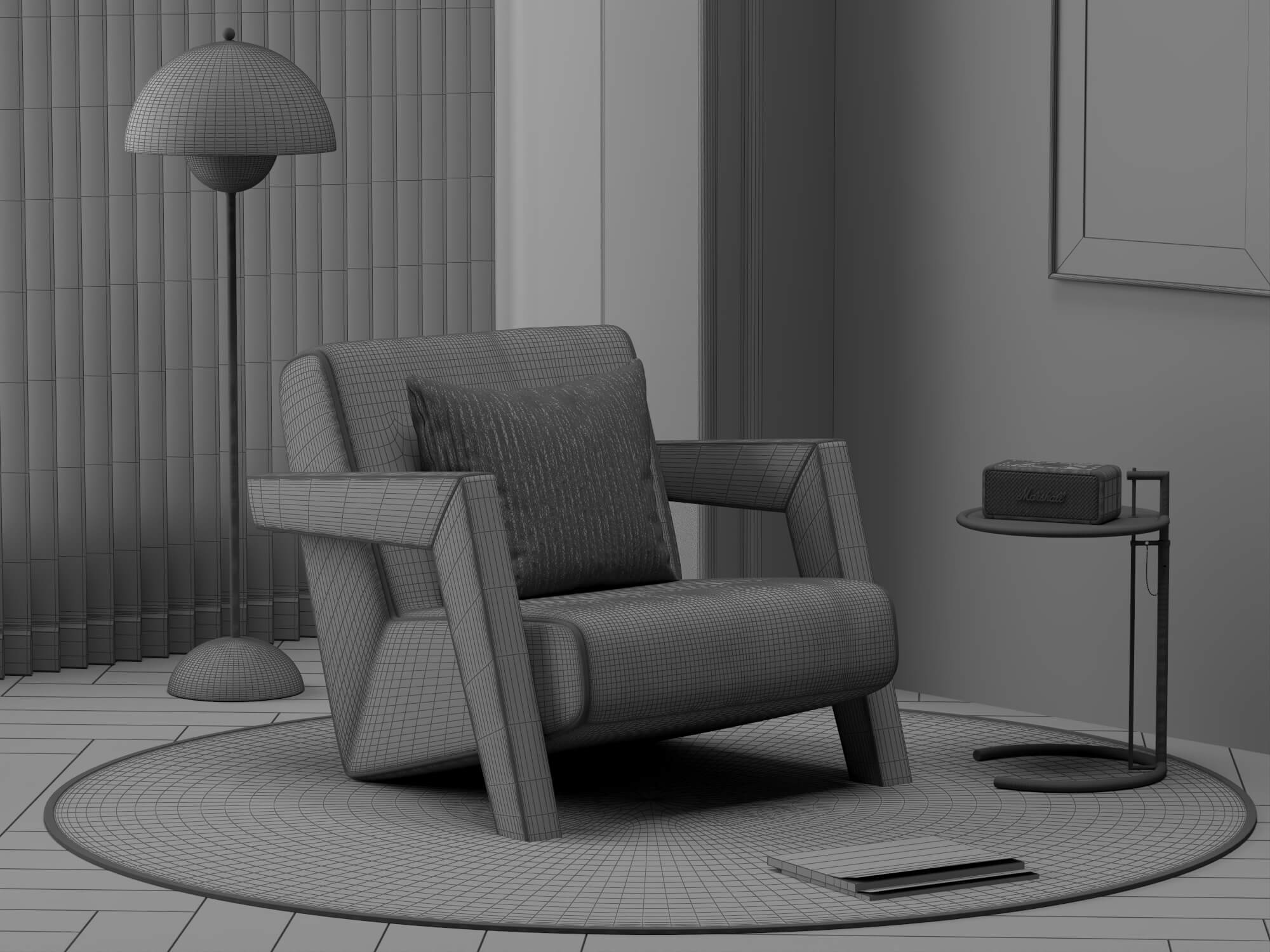 Blue Fabric Armchair with Decor Props 3D Model