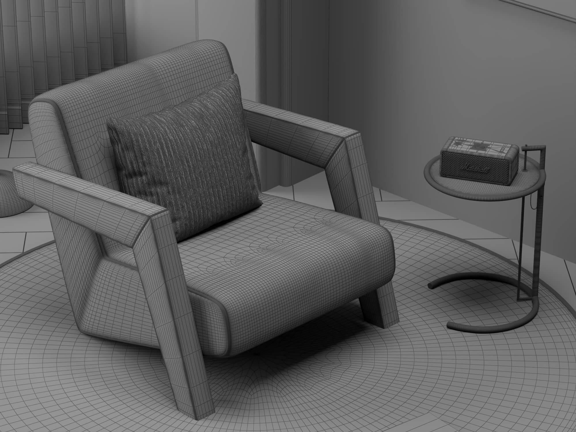 Blue Fabric Armchair with Decor Props 3D Model