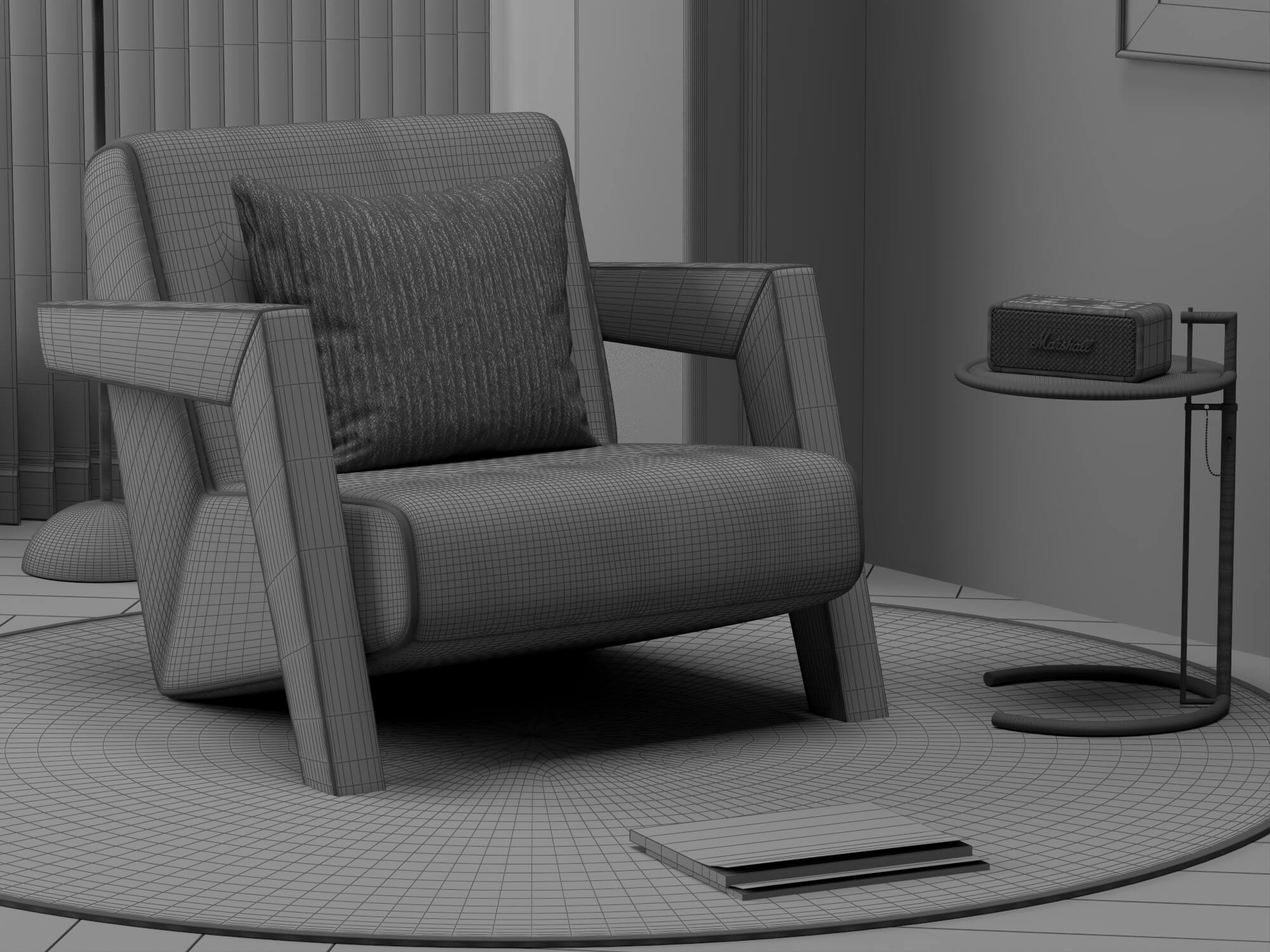 Blue Fabric Armchair with Decor Props 3D Model
