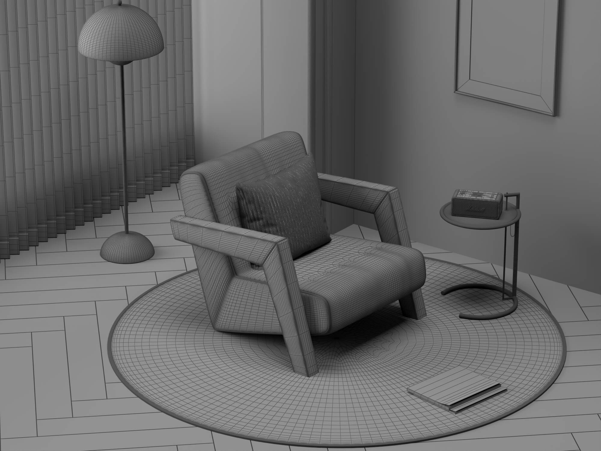 Blue Fabric Armchair with Decor Props 3D Model
