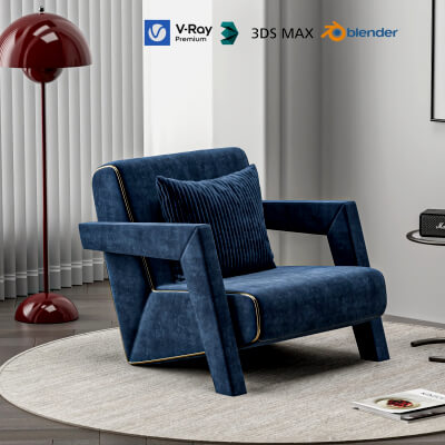 Blue Fabric Armchair with Decor Props