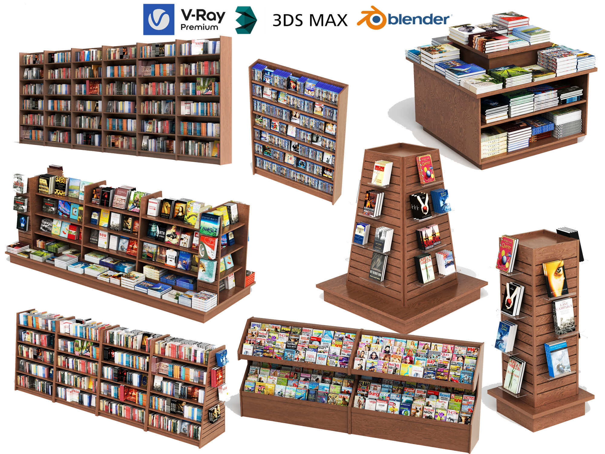 Bookstore Bookshelf and Magazine Display Rack Set 3D Model