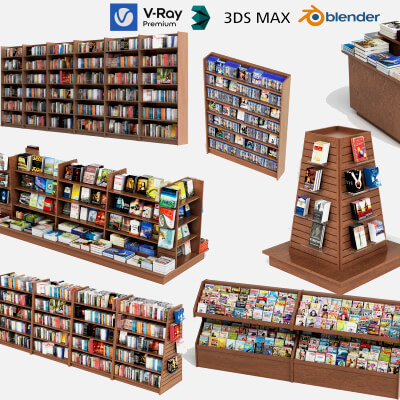 Bookstore Bookshelf and Magazine Display Rack Set