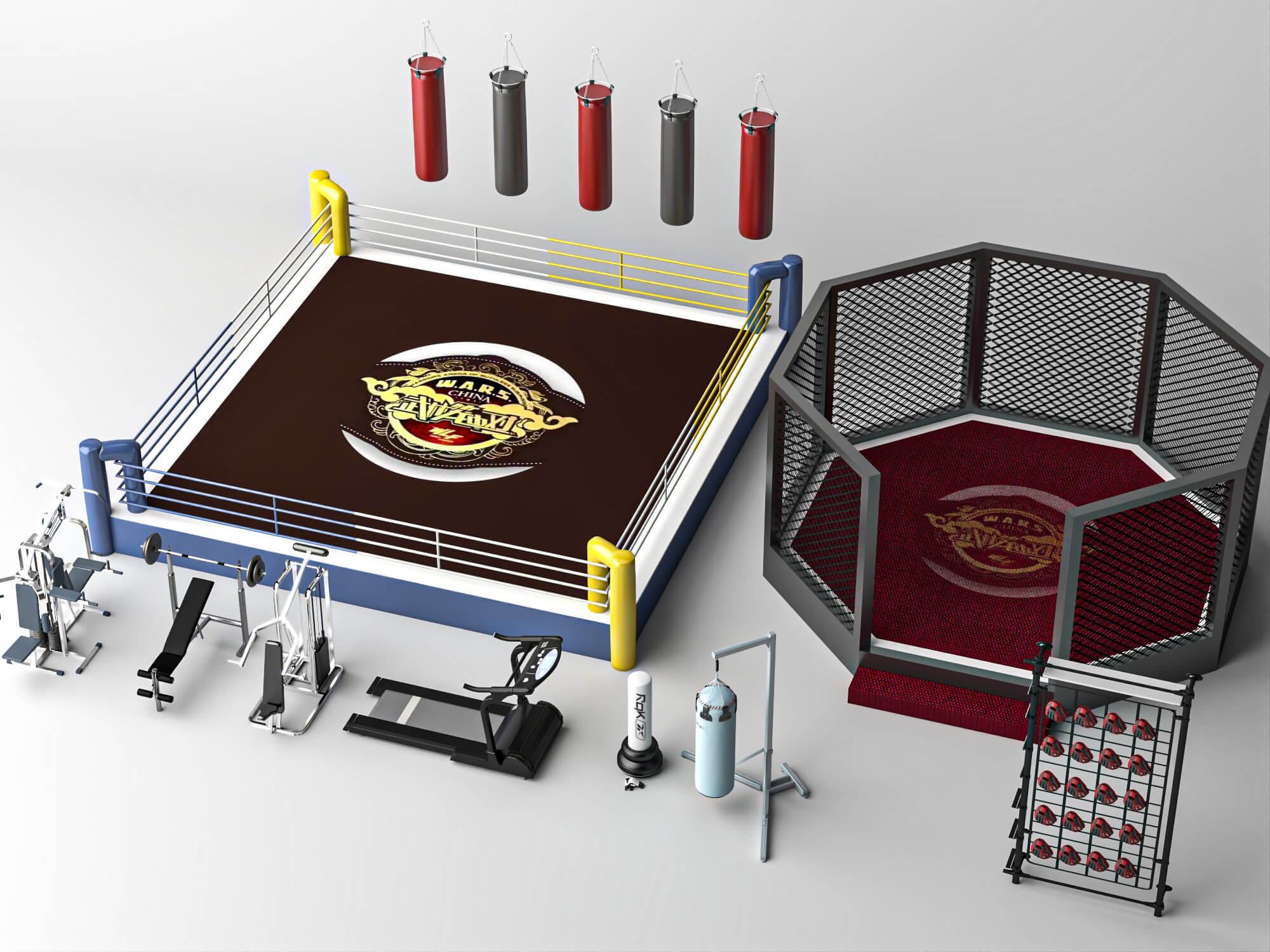 Boxing Ring MMA Cage and Gym Equipment Set 3D Model