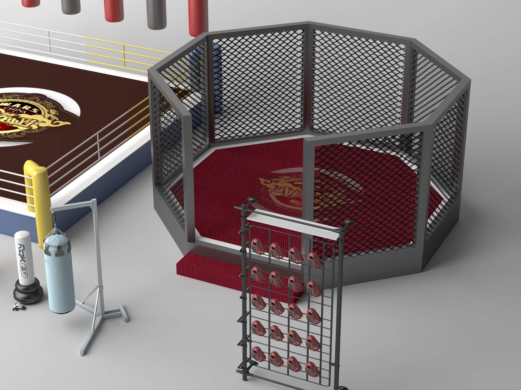 Boxing Ring MMA Cage and Gym Equipment Set 3D Model