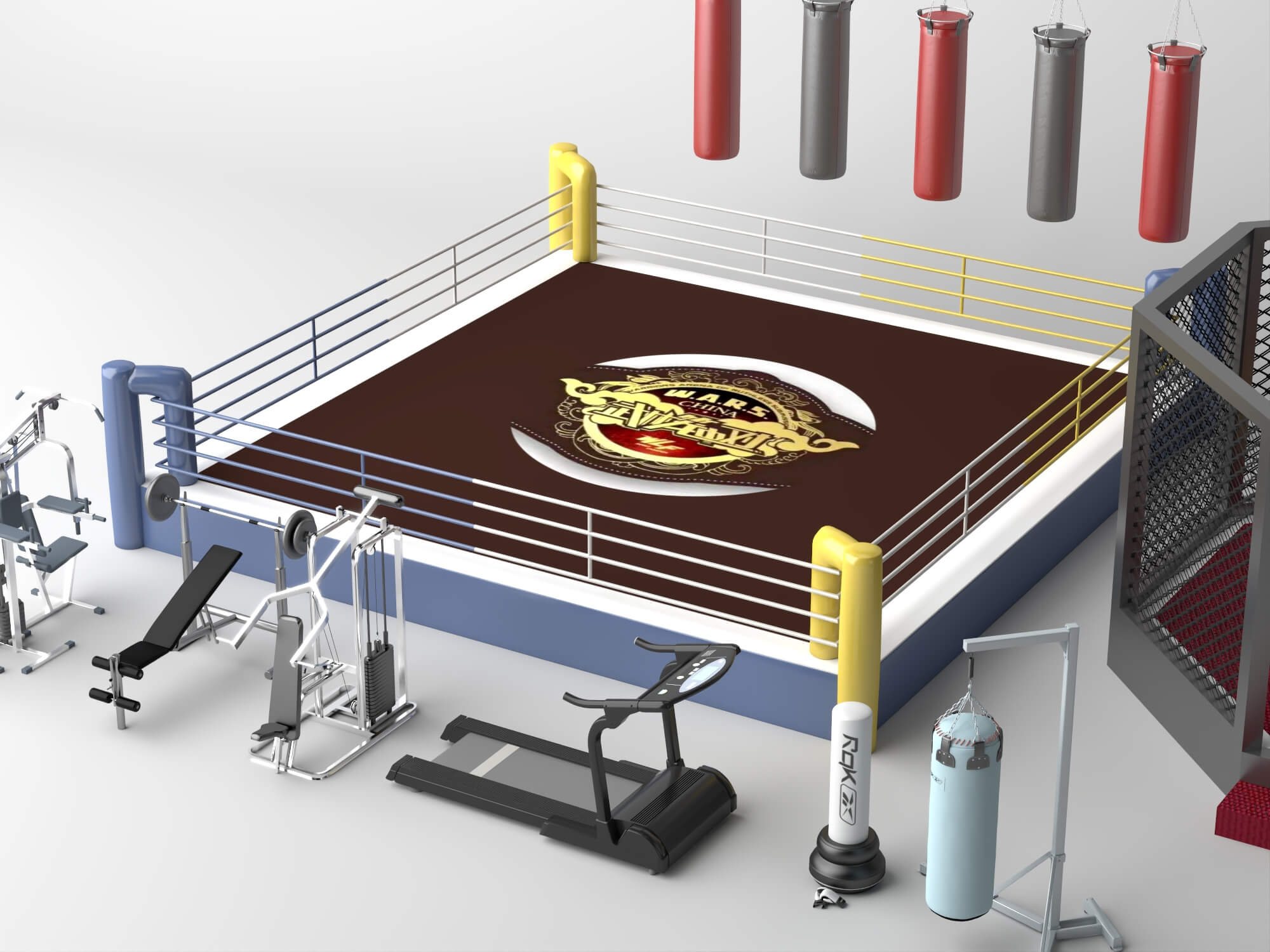 Boxing Ring MMA Cage and Gym Equipment Set 3D Model