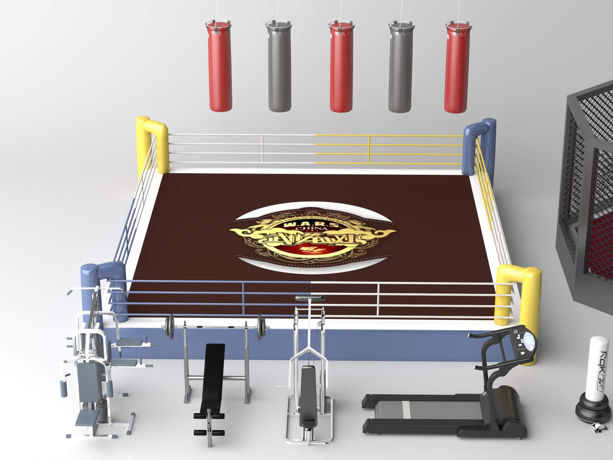 Boxing Ring MMA Cage and Gym Equipment Set 3D Model