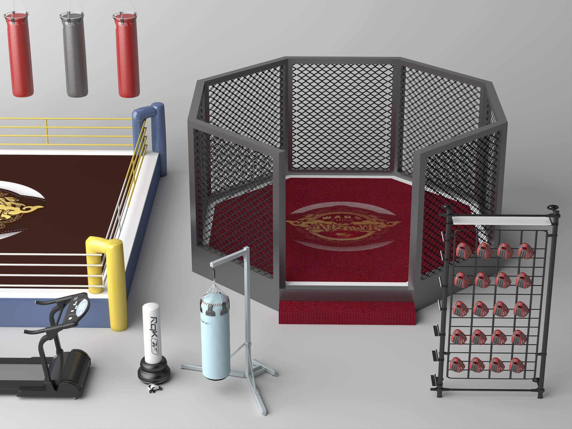 Boxing Ring MMA Cage and Gym Equipment Set 3D Model