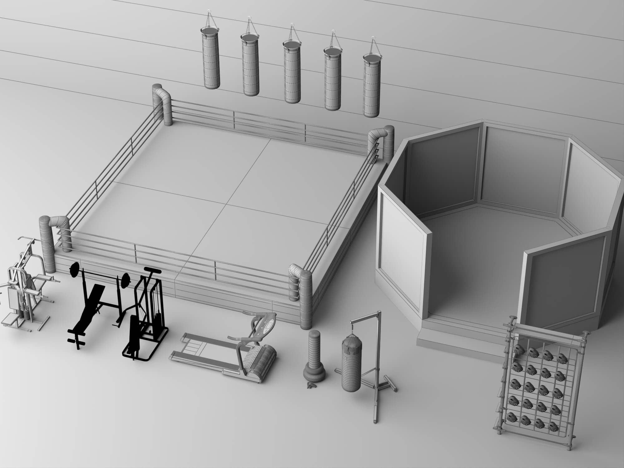 Boxing Ring MMA Cage and Gym Equipment Set 3D Model