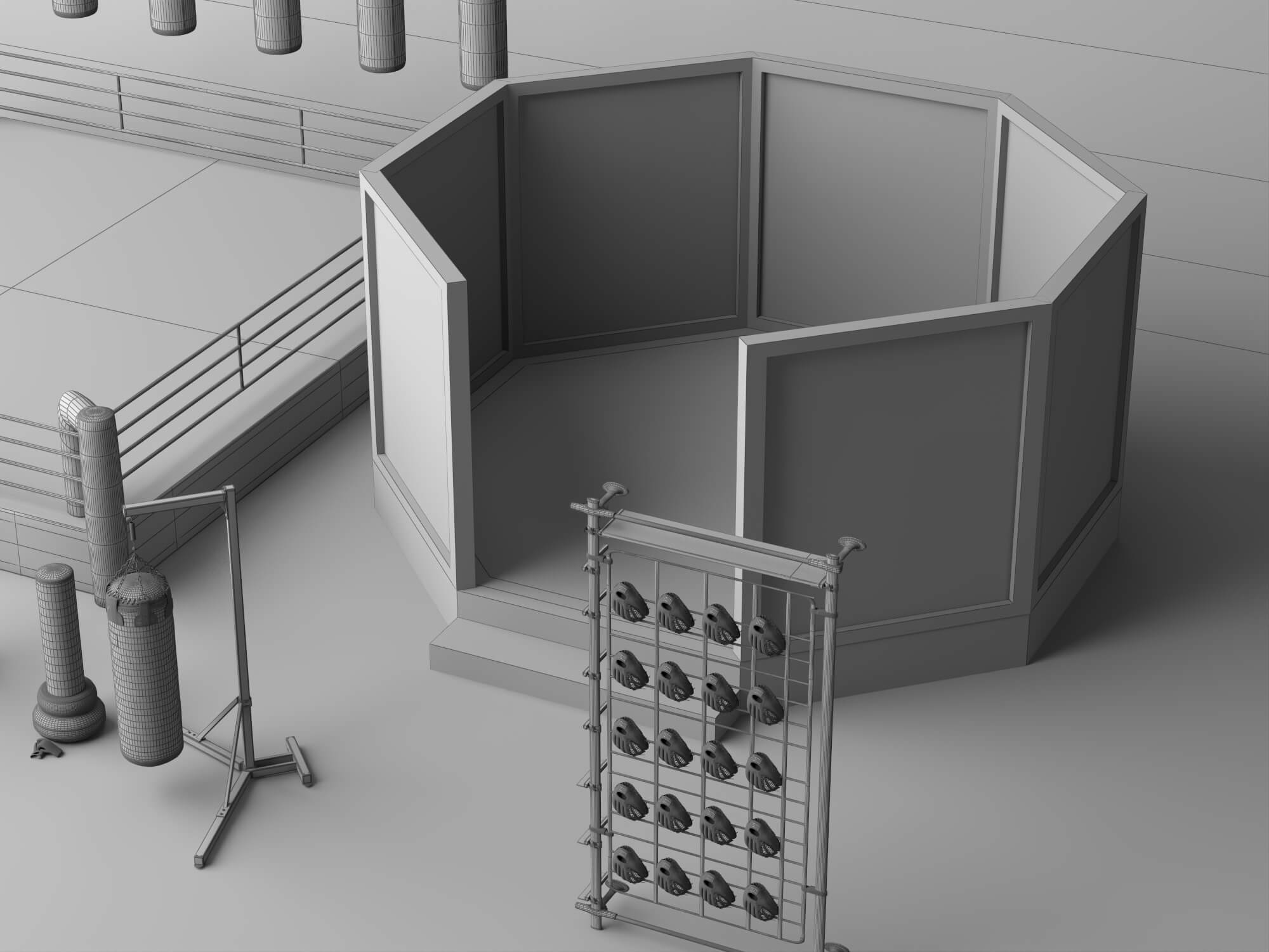 Boxing Ring MMA Cage and Gym Equipment Set 3D Model
