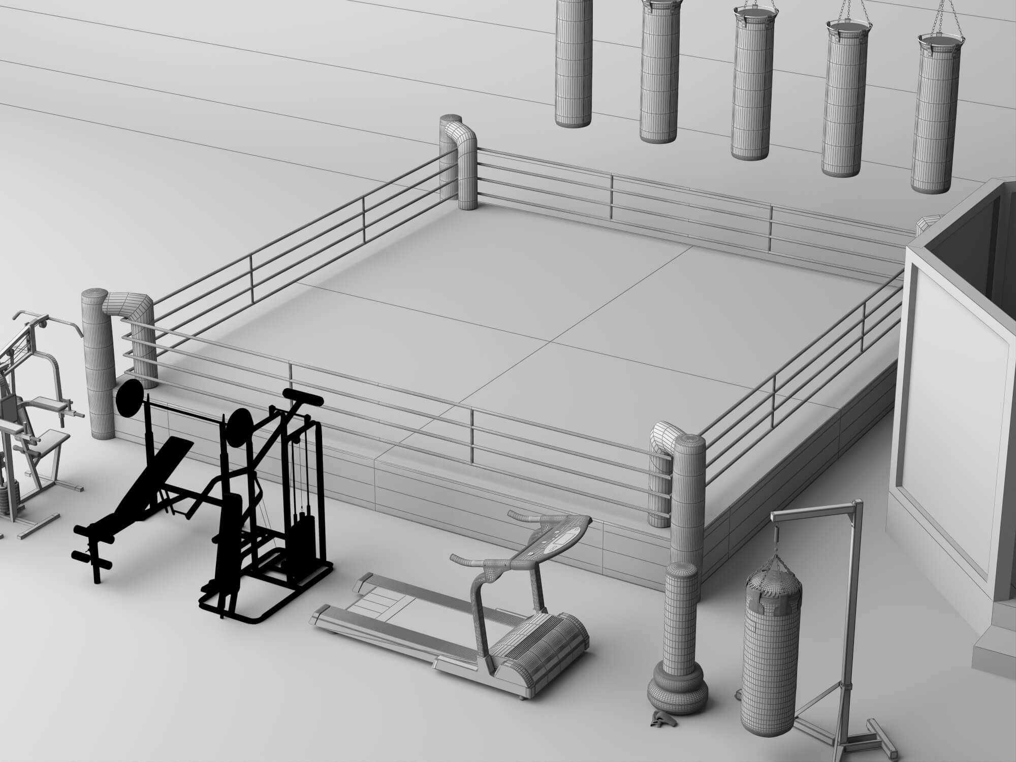 Boxing Ring MMA Cage and Gym Equipment Set 3D Model