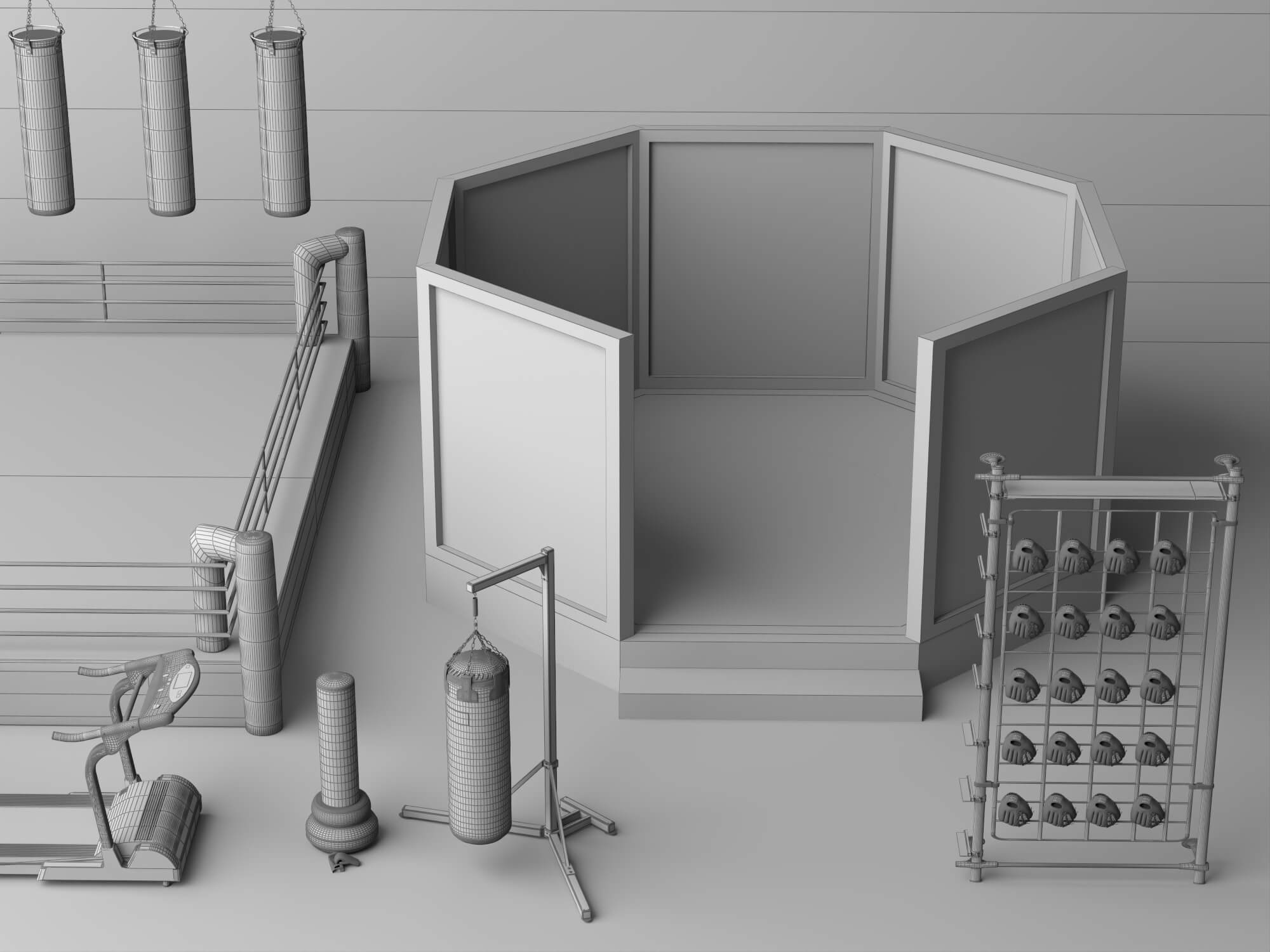 Boxing Ring MMA Cage and Gym Equipment Set 3D Model