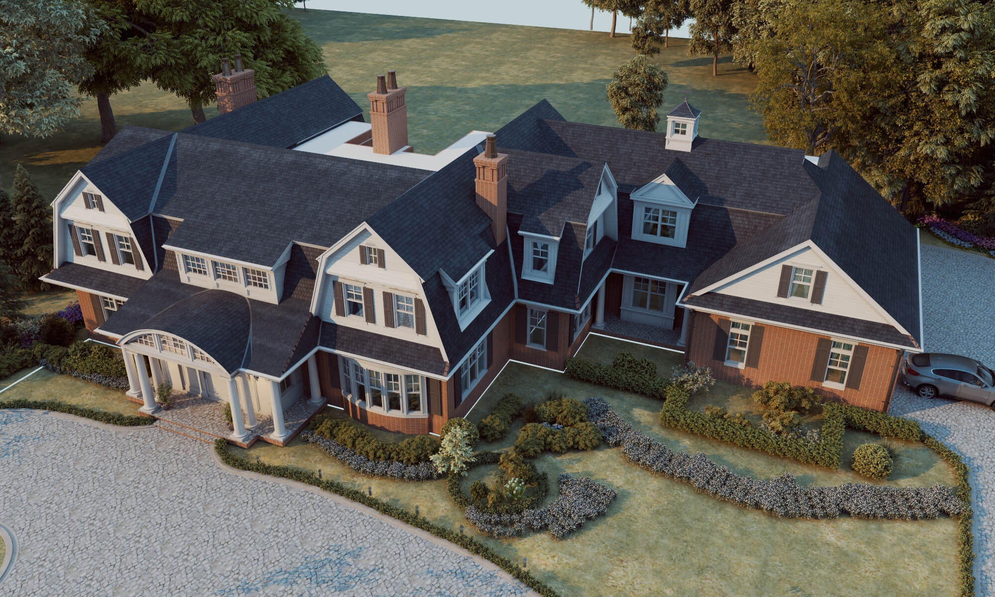 Brick Shingle Style Suburban Mansion Exterior 3D Model
