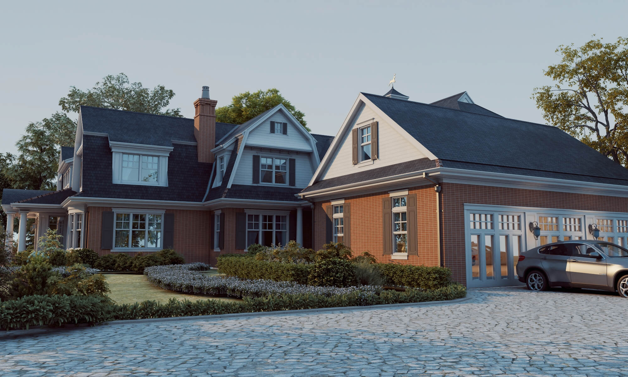 Brick Shingle Style Suburban Mansion Exterior 3D Model