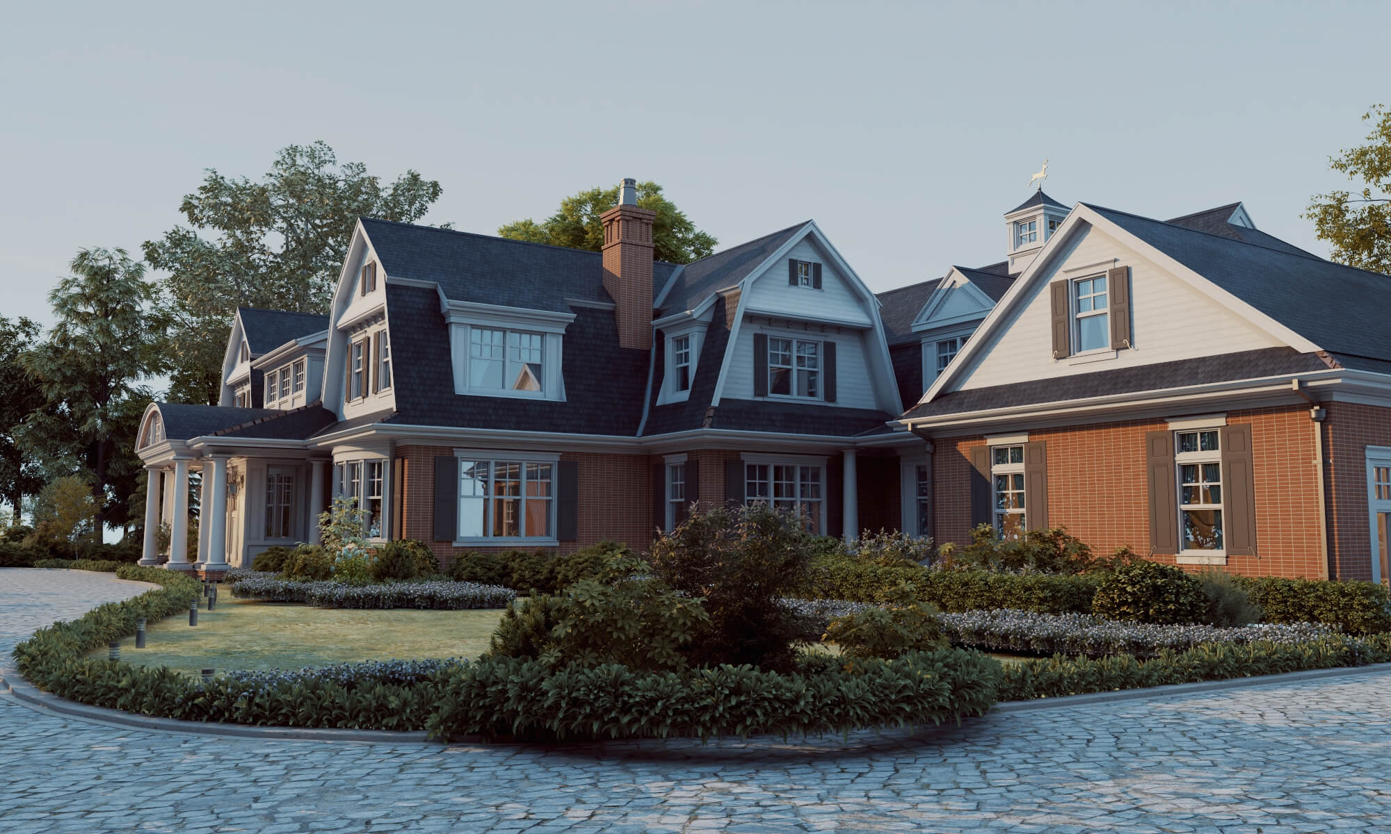 Brick Shingle Style Suburban Mansion Exterior 3D Model