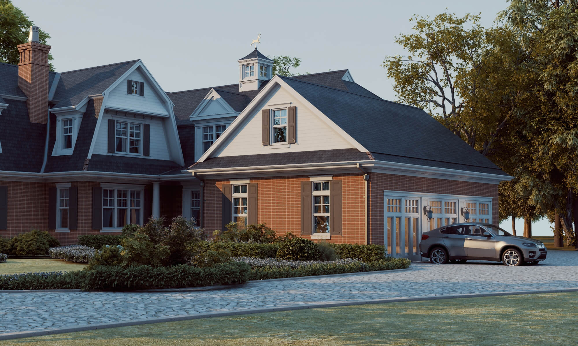Brick Shingle Style Suburban Mansion Exterior 3D Model
