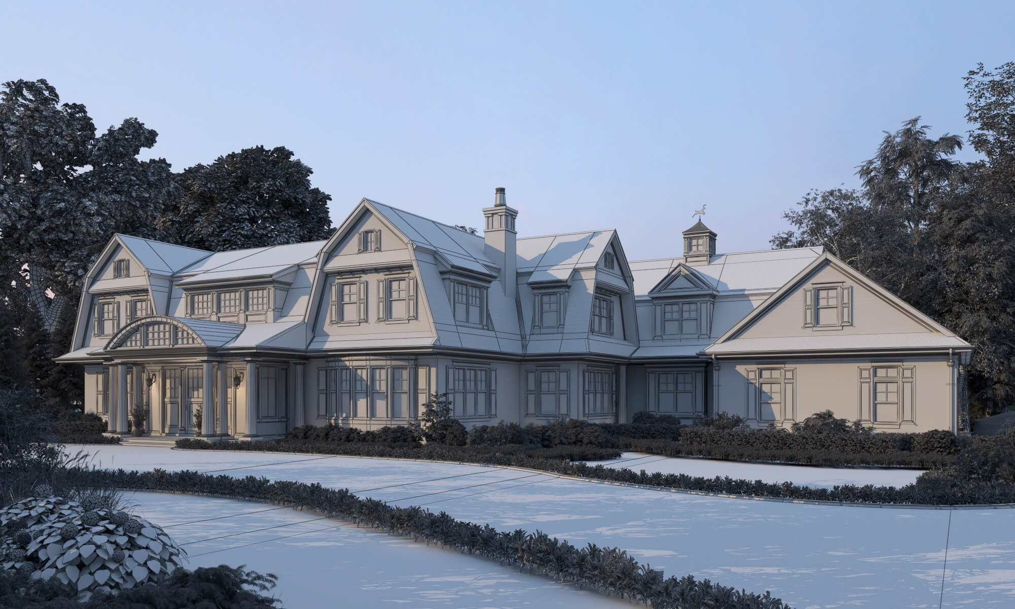 Brick Shingle Style Suburban Mansion Exterior 3D Model
