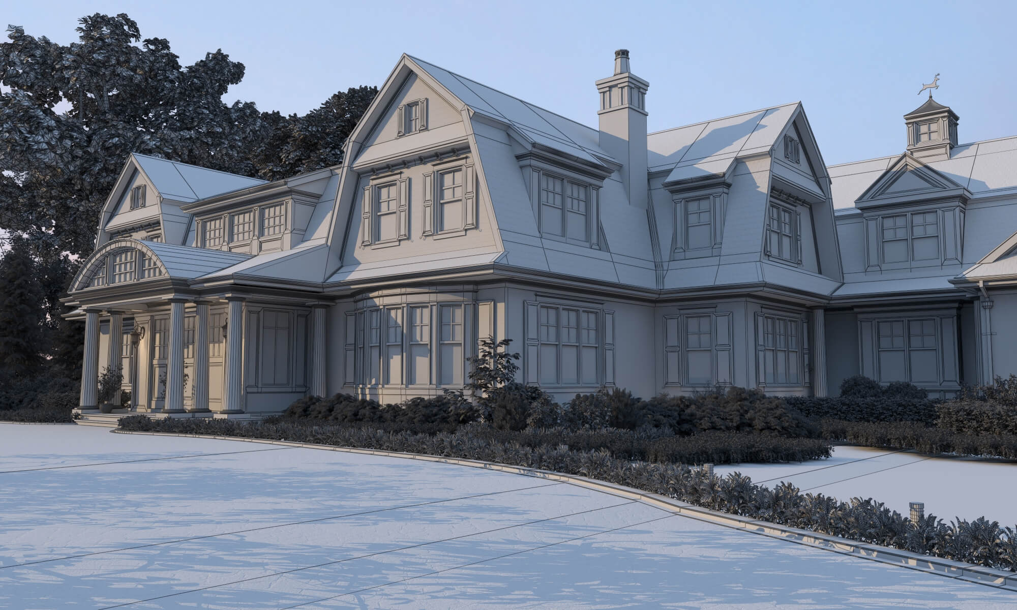 Brick Shingle Style Suburban Mansion Exterior 3D Model