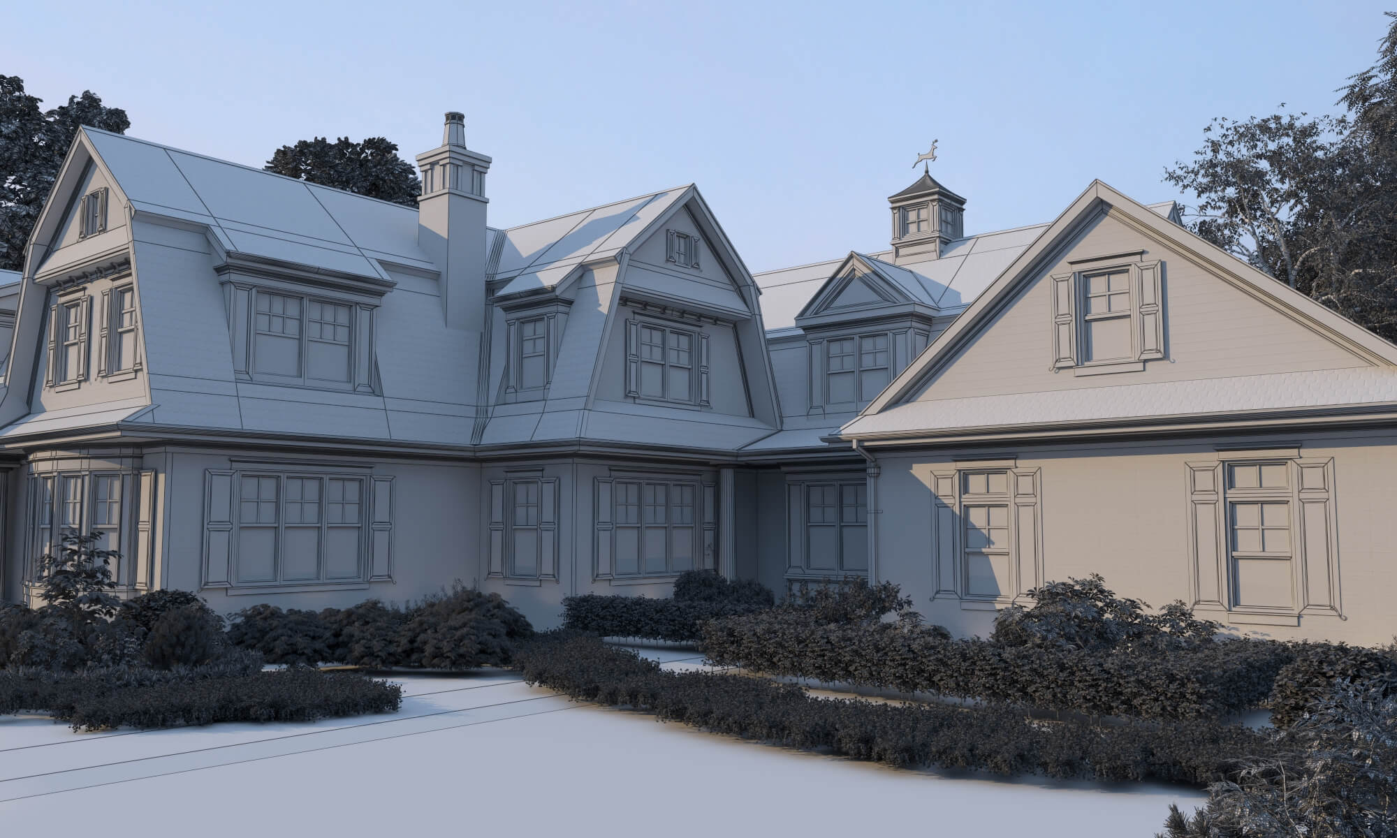 Brick Shingle Style Suburban Mansion Exterior 3D Model