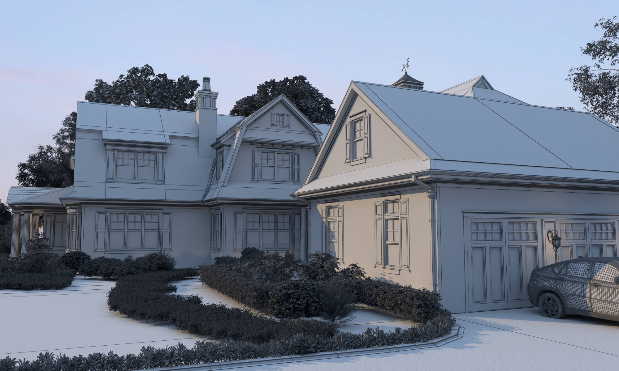 Brick Shingle Style Suburban Mansion Exterior 3D Model