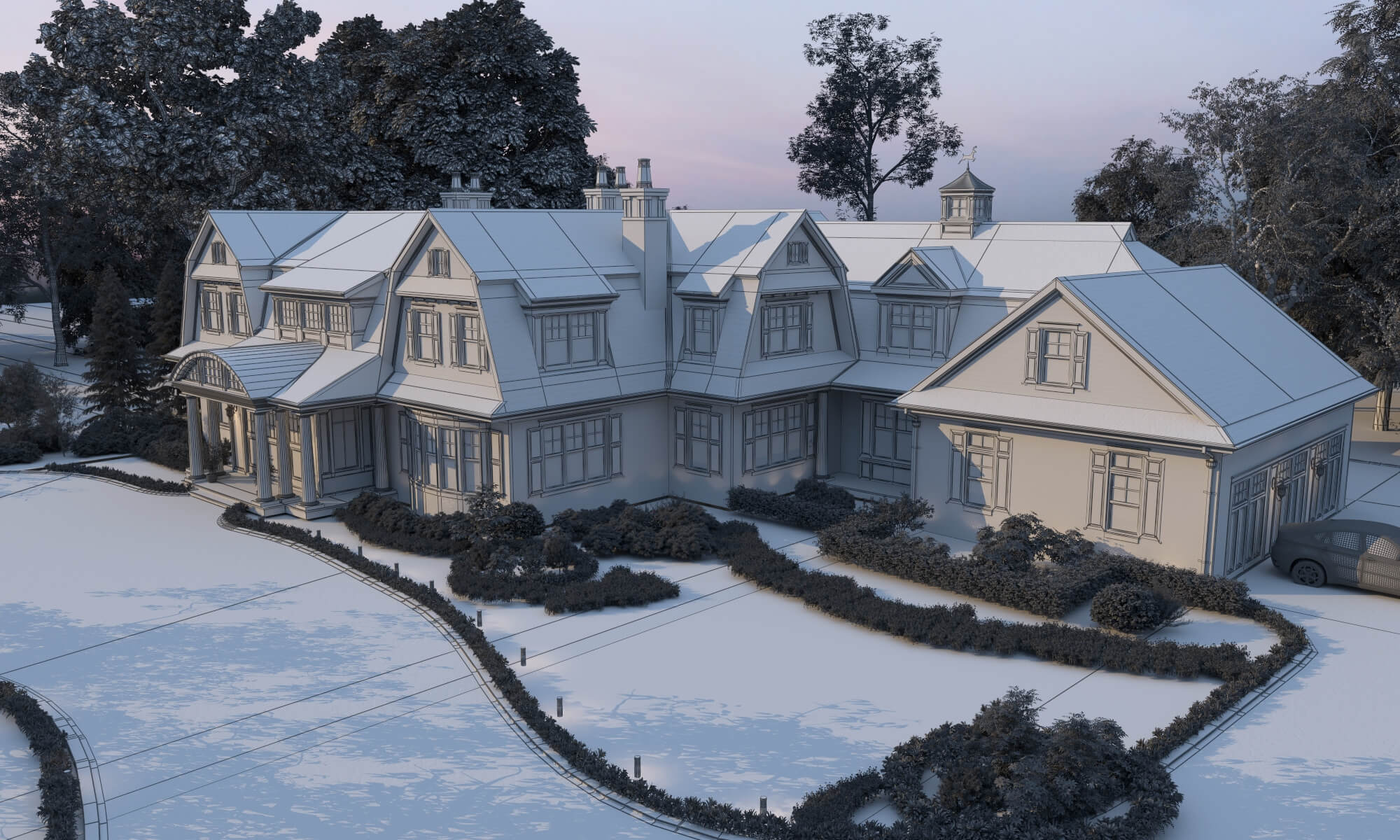 Brick Shingle Style Suburban Mansion Exterior 3D Model