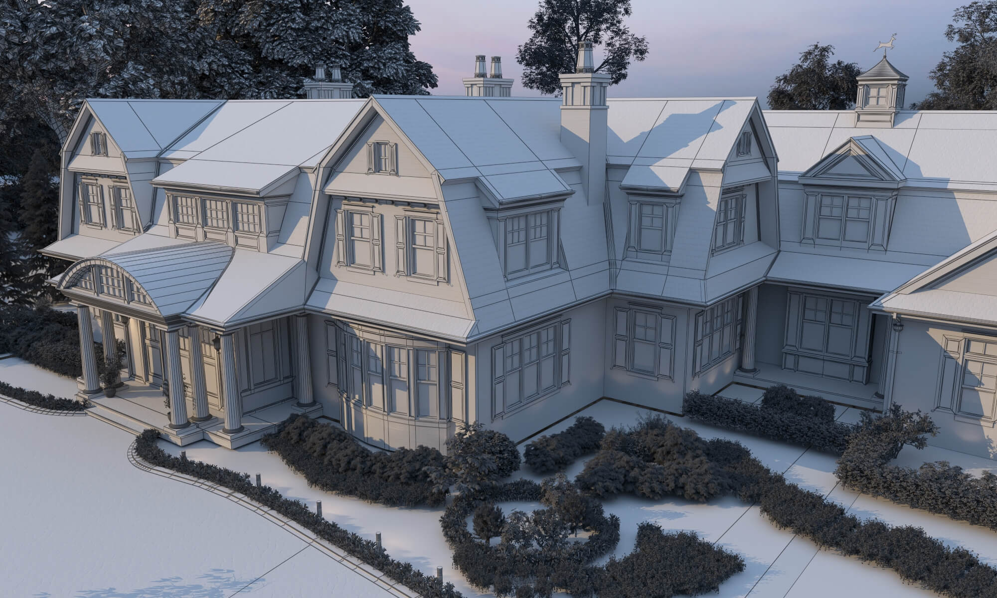 Brick Shingle Style Suburban Mansion Exterior 3D Model